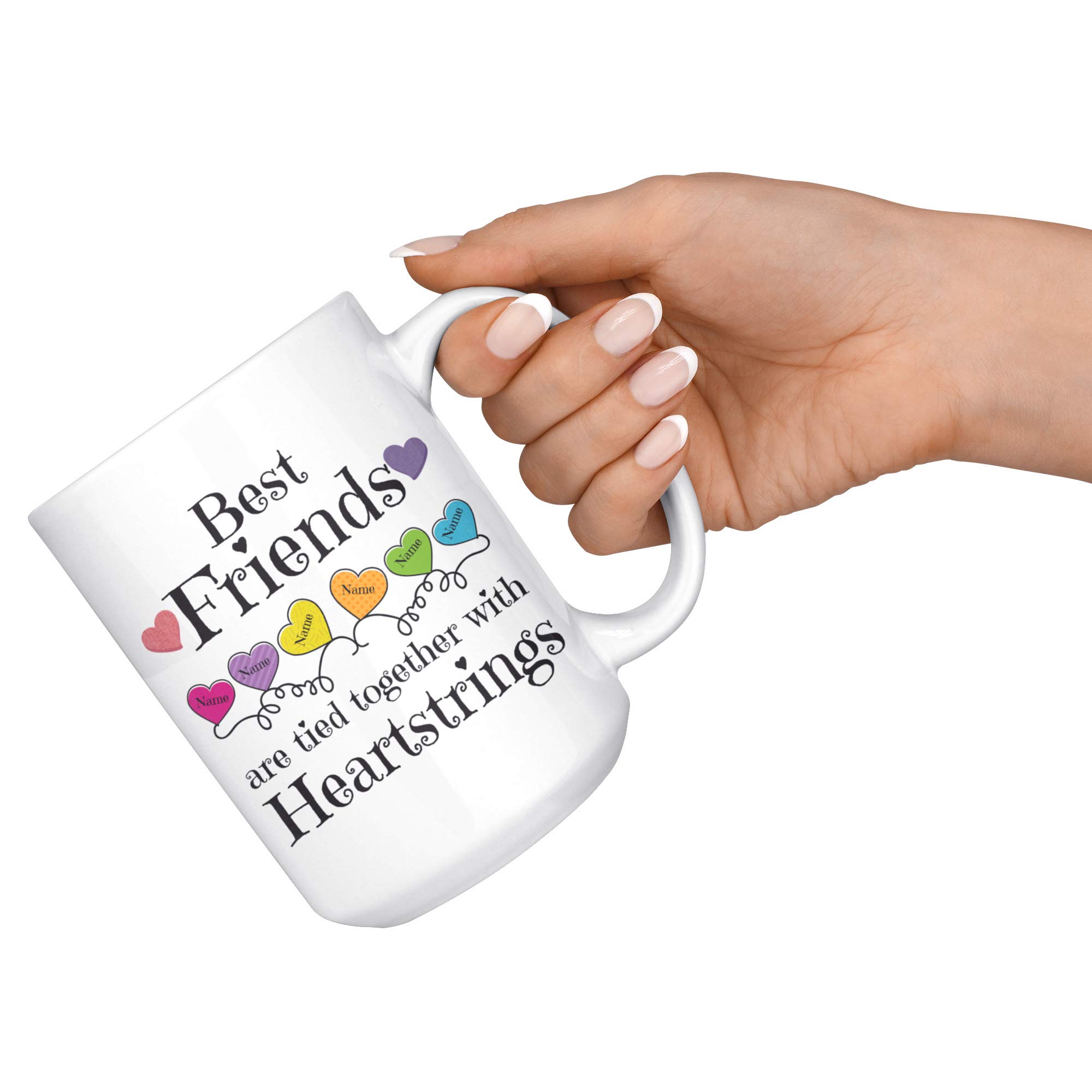 Best Friends Custom Mug - Personalized with Up to 6 Names & Heartstrings Design - 15oz White Coffee Cup for BFF, Birthday, Valentine's Day & Christmas Gifts - Perfect for Coffee, Tea & Hot Chocolate at Home or Office