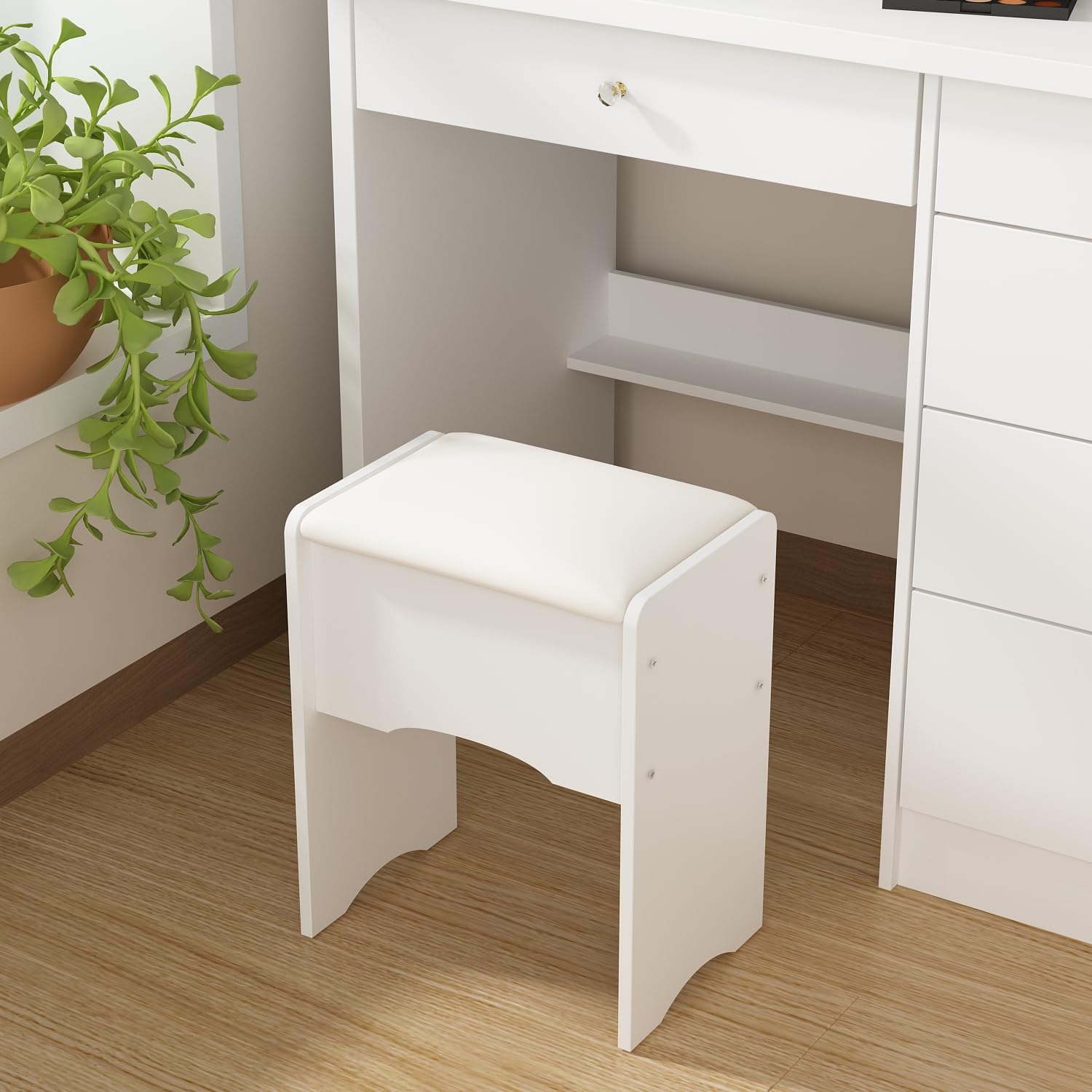 Hitow White Vanity Desk Set with LED Lighted Mirror, Makeup Dressing Table with Drawer & Storage Shelf, Includes Cushioned Stool - Perfect for Bedroom, Beauty Salon & Home Decor (Vanity Set for Women)