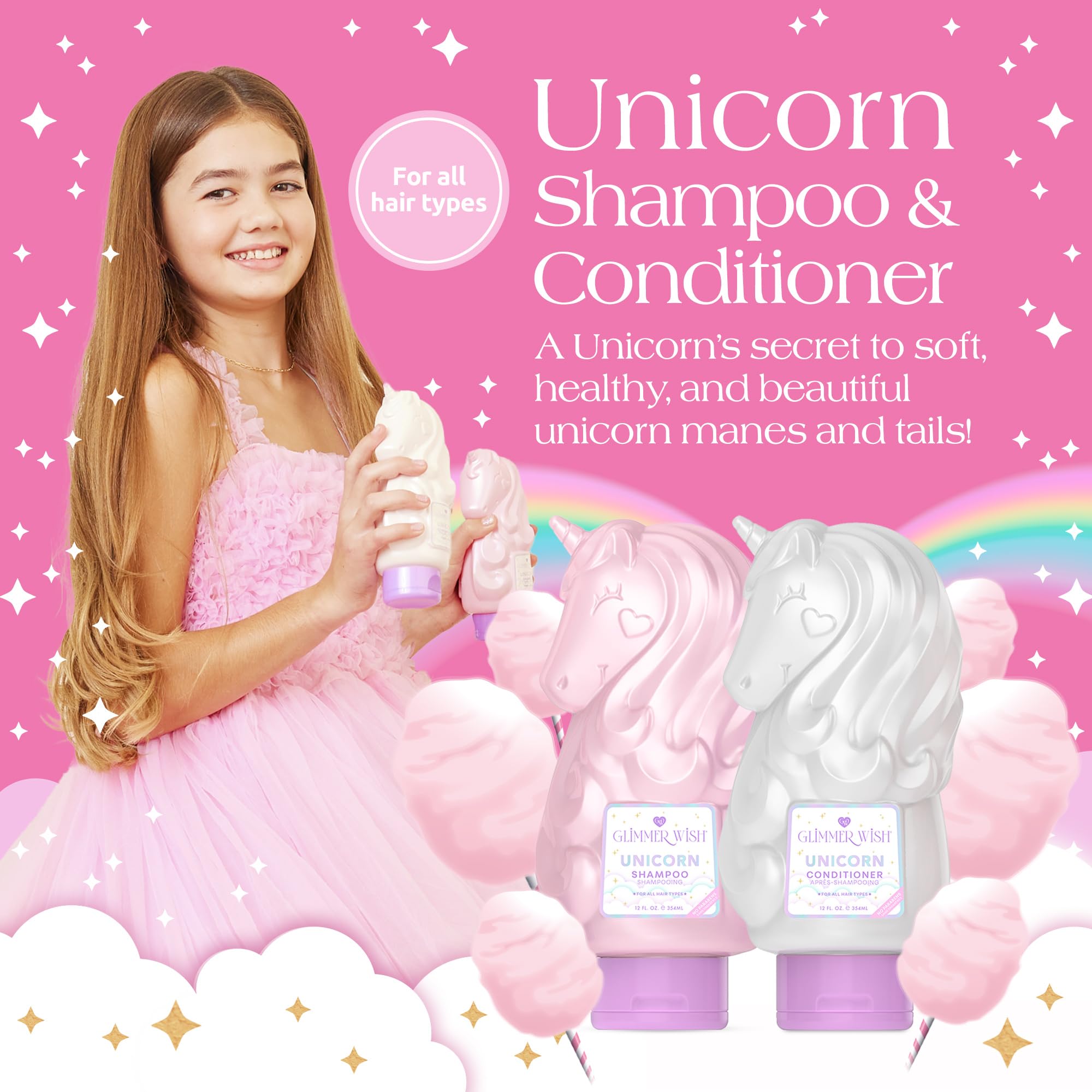 Glimmer Wish Premium Unicorn Shampoo & Conditioner Set - Tropical Beach Scent, Sulfate & Paraben Free, Vegan & Cruelty Free (2 x 12 Fl Oz) | Gentle Hair Care for Kids & Adults, Perfect for Daily Use & Sensitive Scalp