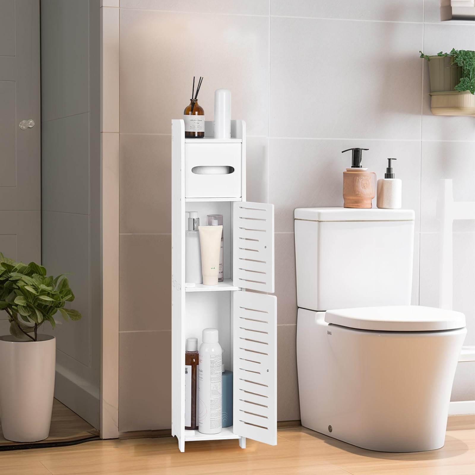 ShellKingdom White Toilet Paper Holder Stand with Doors and Shelves - Slim Bathroom Storage Cabinet for Small Spaces, Corner Floor - Perfect for Compact Bathrooms, Apartments & Powder Rooms