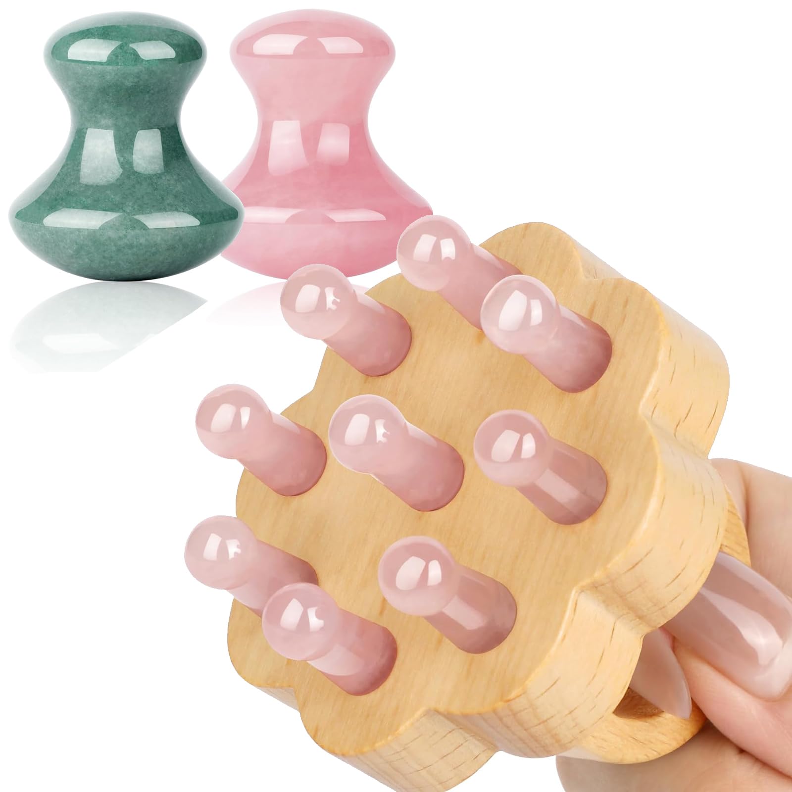 Ideayard 2-Piece Mushroom Gua Sha Set & Rose Quartz Tooth Wooden Scalp Massager Comb - Relaxing Head Massage for Stress Relief, Hair Growth, and Improved Circulation - Perfect for Spa, Home, and Travel Use