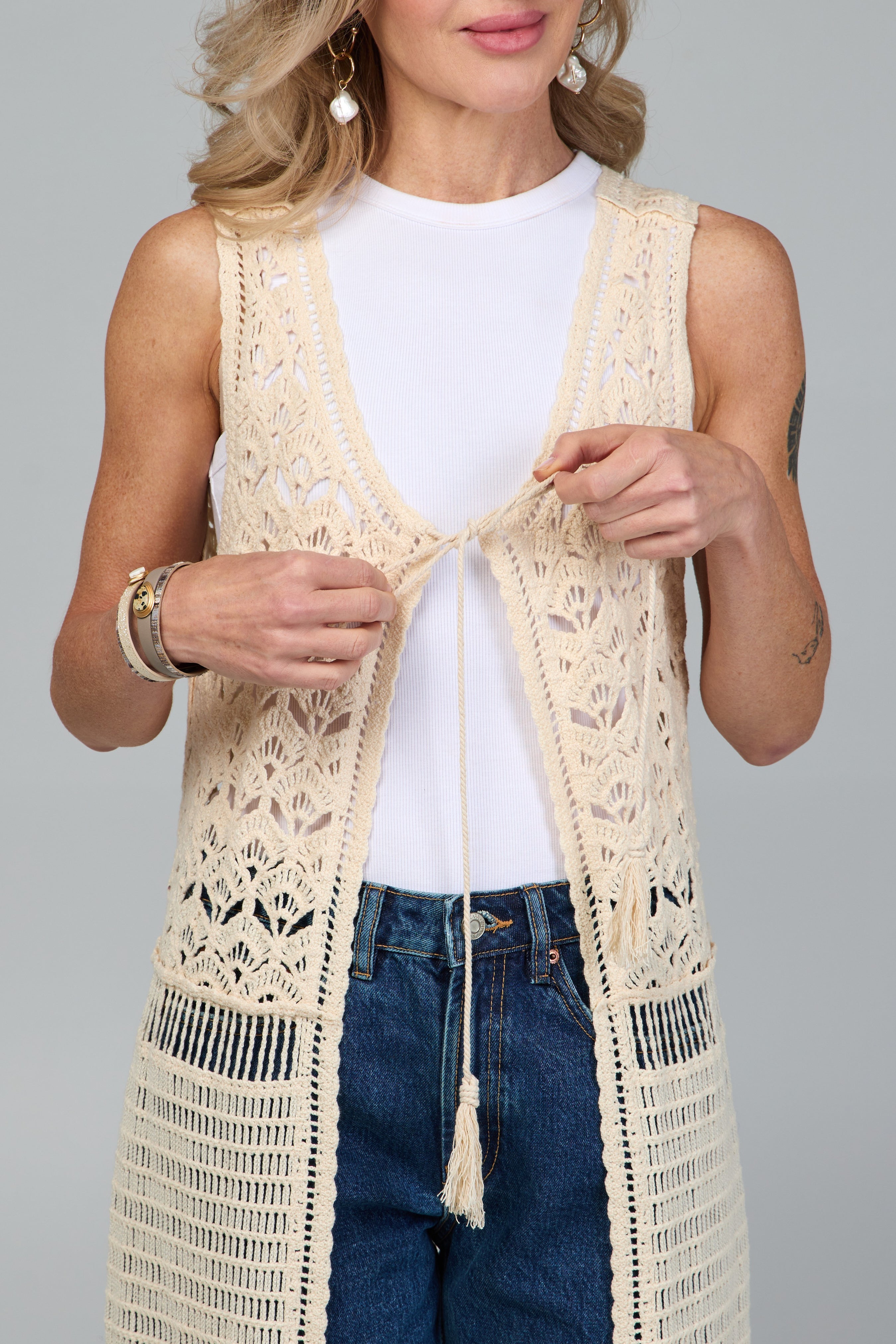 Elegant Crochet Tie Front Long Kimono Cardigan - Boho Chic Lace Cover Up for Women - Perfect for Beach, Festival, and Summer Outfits