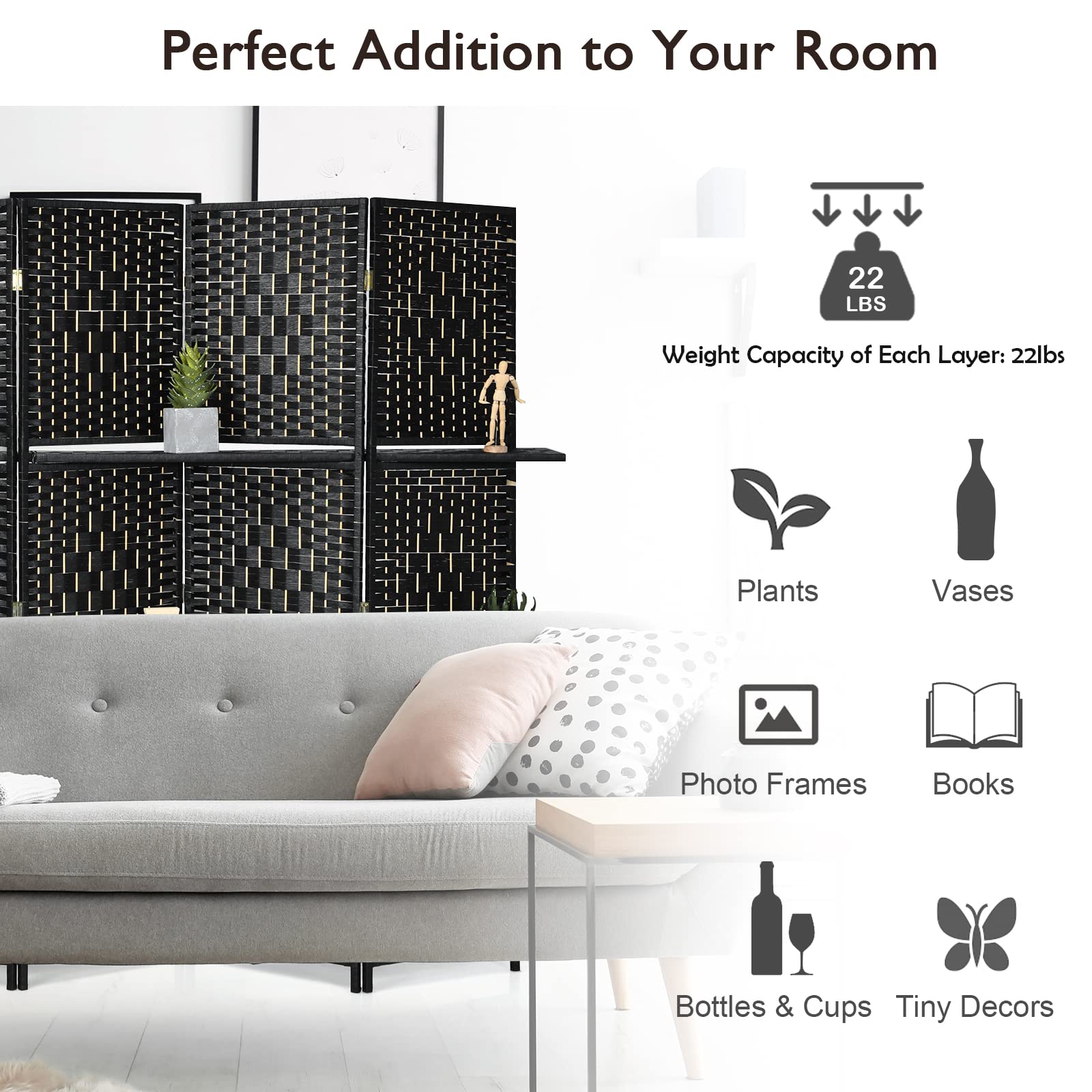 Giantex 6Ft 6 Panel Freestanding Room Divider with Shelves - Hand-Woven Rattan Folding Privacy Screen for Home, Office & Studio - Wooden Partition Wall for Room Separation & Organization | Perfect for Creating Private Spaces, Home Decor & Workspace Dividers