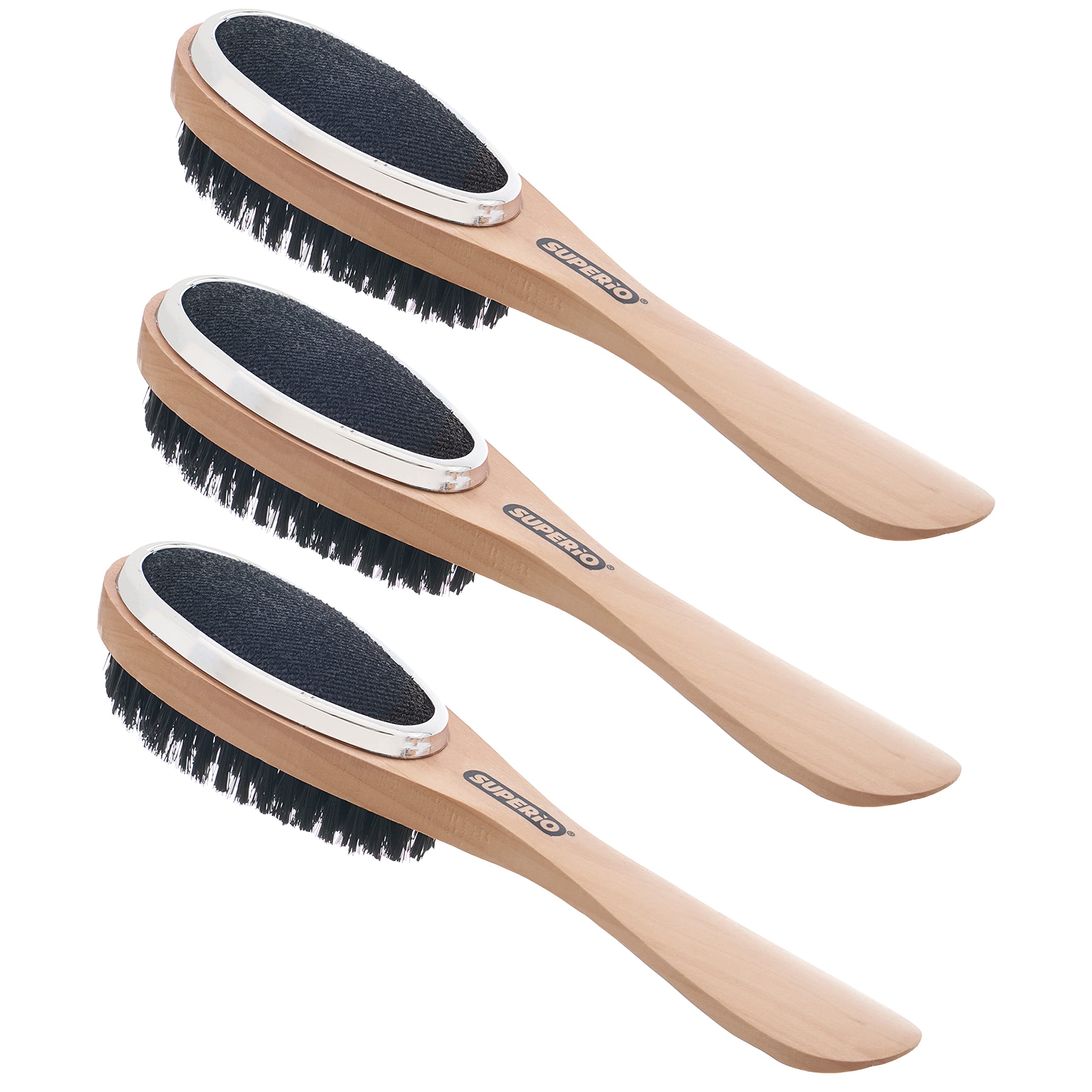 Superio 3-in-1 Clothes Brush - Double Sided Garment Brush & Pet Hair Remover with Wood Handle | Lint Brush for Suits, Wool Coats, Sweaters | Shoe Horn for Shoes | Portable Depiller for Home, Office & Travel (Pack of 3)