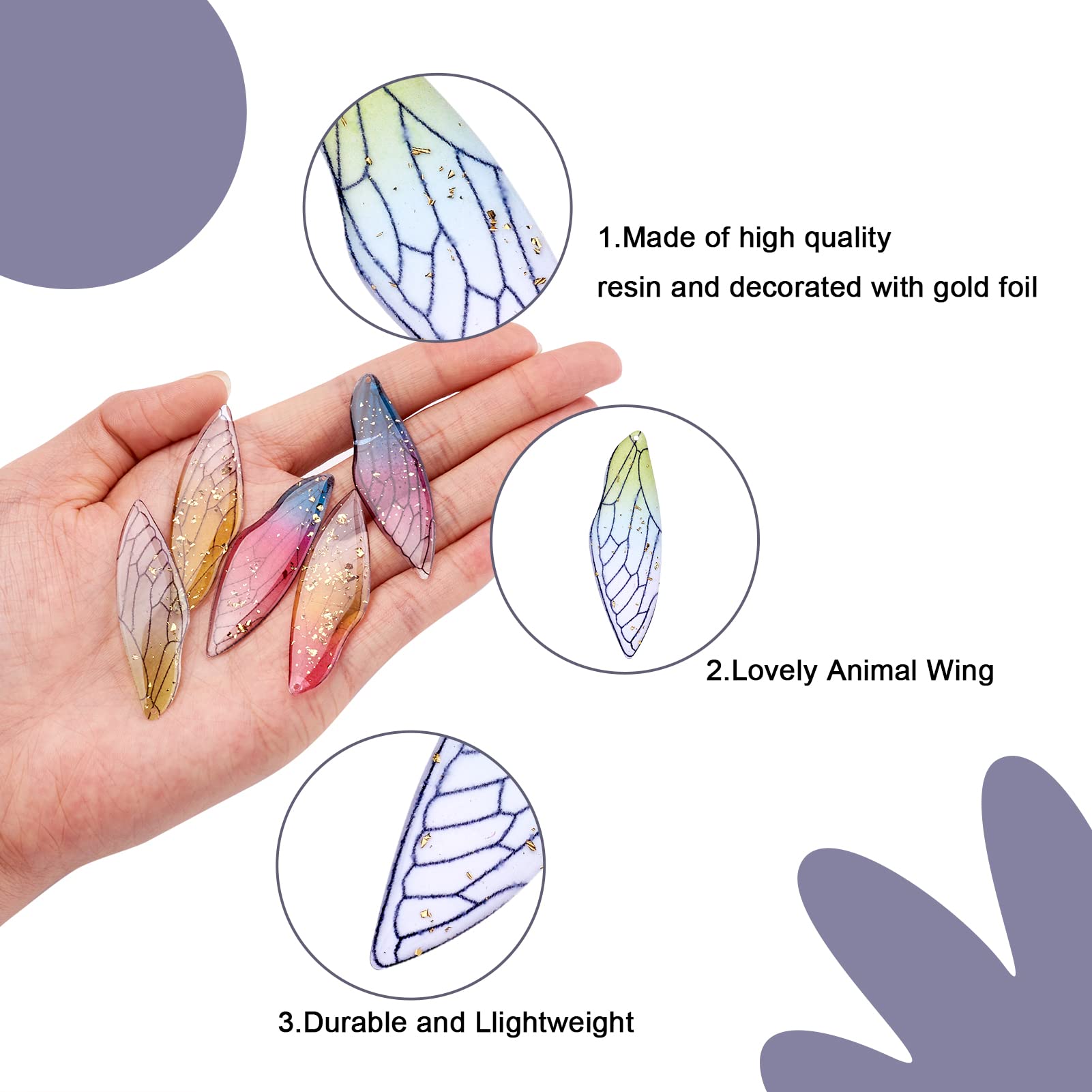 50Pcs Resin Big Wing Charms - Transparent Insect Wing Pendants with Gold Foil, Colorful Dragonfly Wings for Jewelry Making DIY - Perfect for Necklaces, Bracelets, Earrings & Craft Projects