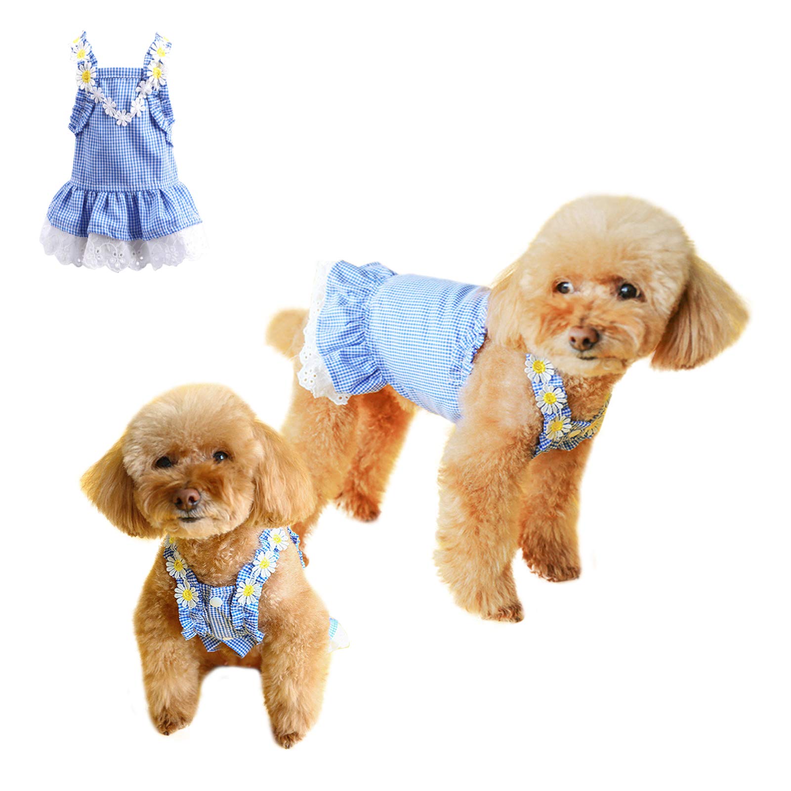 Dasior Cute Puppy Summer Dress - Blue Plaid Dog & Cat Clothes for Small Pets, Floral Pet Apparel for Birthday Parties & Outdoor Adventures