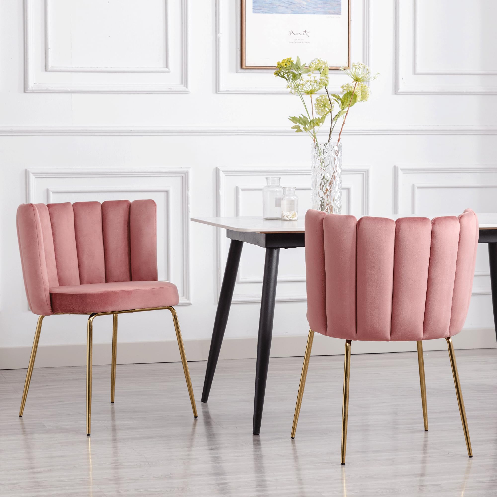 Set of 4 Modern Velvet Upholstered Barrel Dining Chairs with Gold Metal Legs - Pink Accent Chairs for Home, Kitchen, Living Room & Restaurant | Perfect for Dining Sets, Breakfast Nooks & Bistro Decor