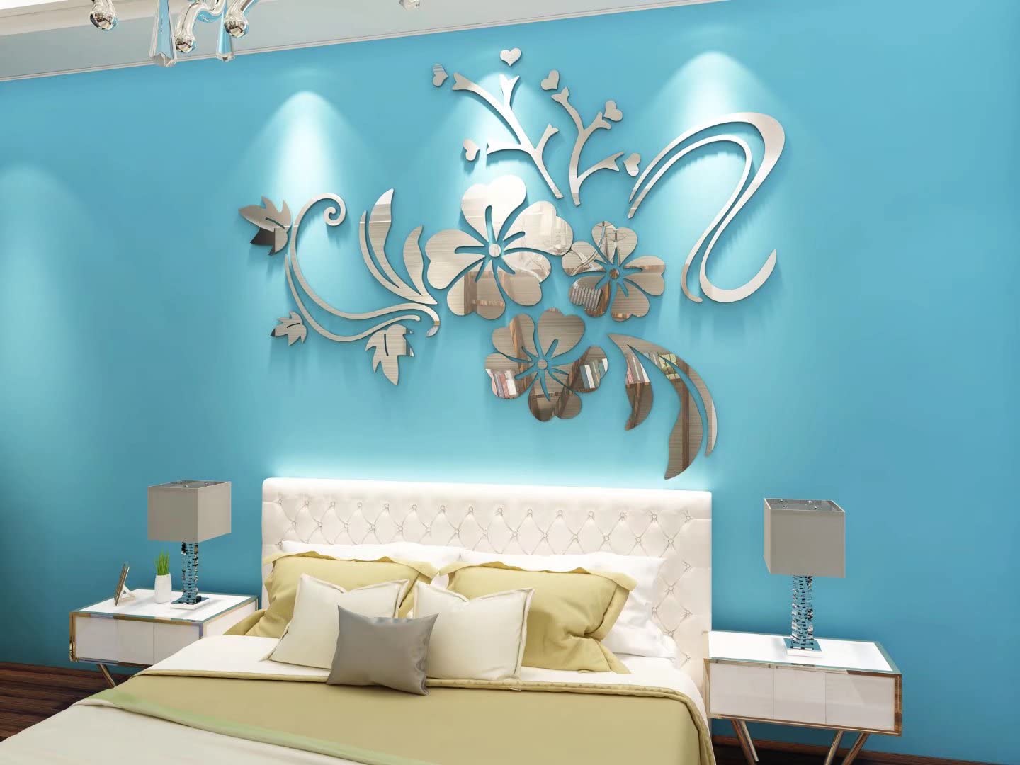 3D Flower Wall Stickers - Silvery XS (40cm x 60cm) Home Decals for Living Room, Bedroom, Office & Sofa Wall Decor | Peel & Stick Removable Wall Art for Modern Interior Design