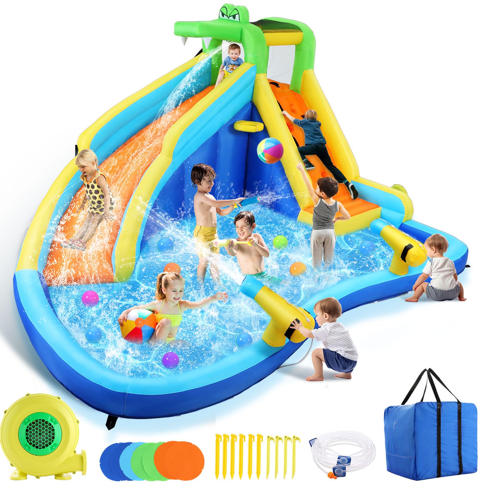 Inflatable Water Slide for Kids with 450W Blower - 13.1 x 11.5 x 7.4FT Crocodile Water Park with Climbing Wall, Splash Pool, 2 Water Cannons & Basketball Hoop - Outdoor Backyard Summer Fun for Parties, Birthdays & Family Gatherings
