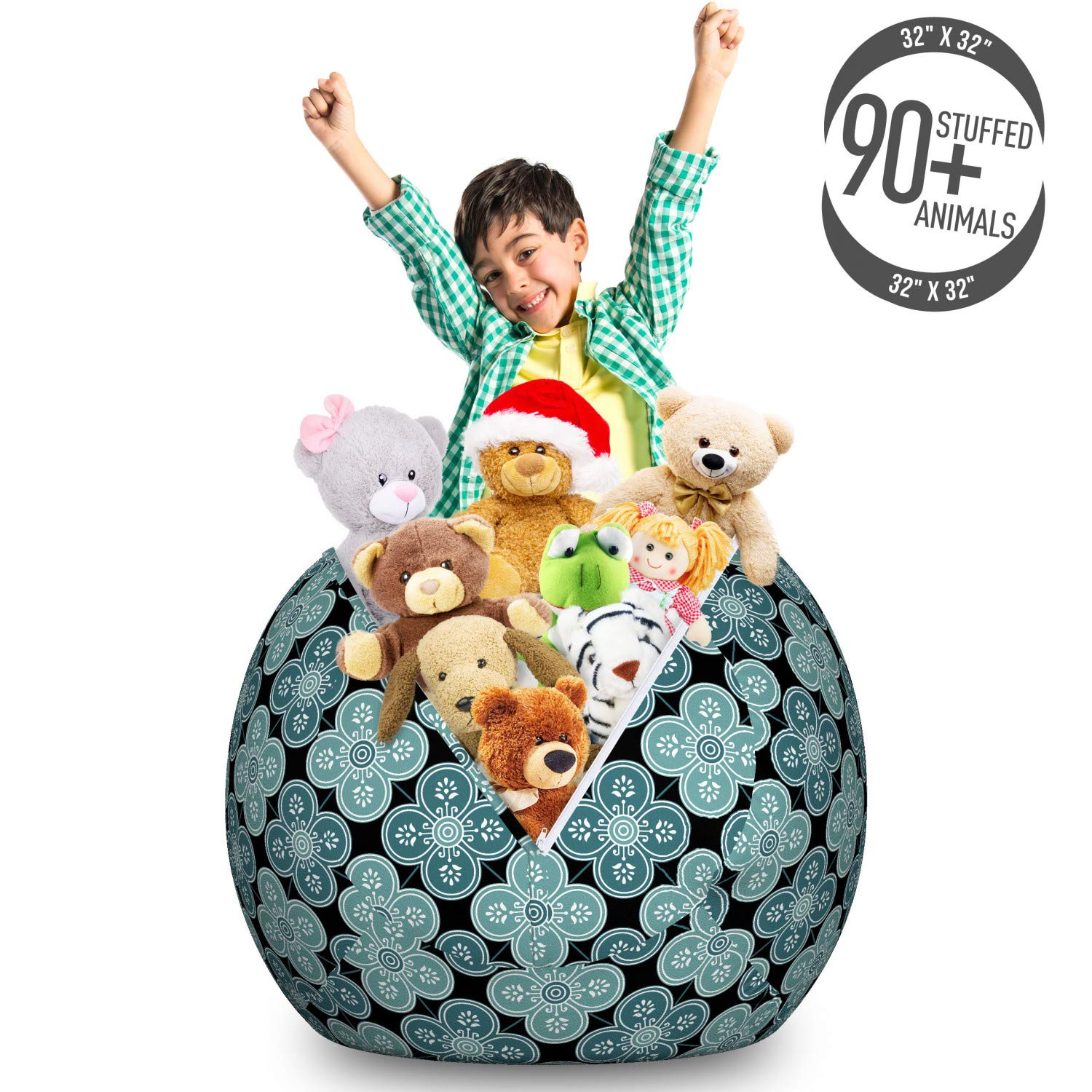 Ambesonne Moroccan Floral Storage Toy Bag Chair - Large Washable Stuffed Animal Organizer with Mediterranean Damask Print - Perfect for Kids' Room, Nursery, and Playroom Organization (Teal Petrol Blue)