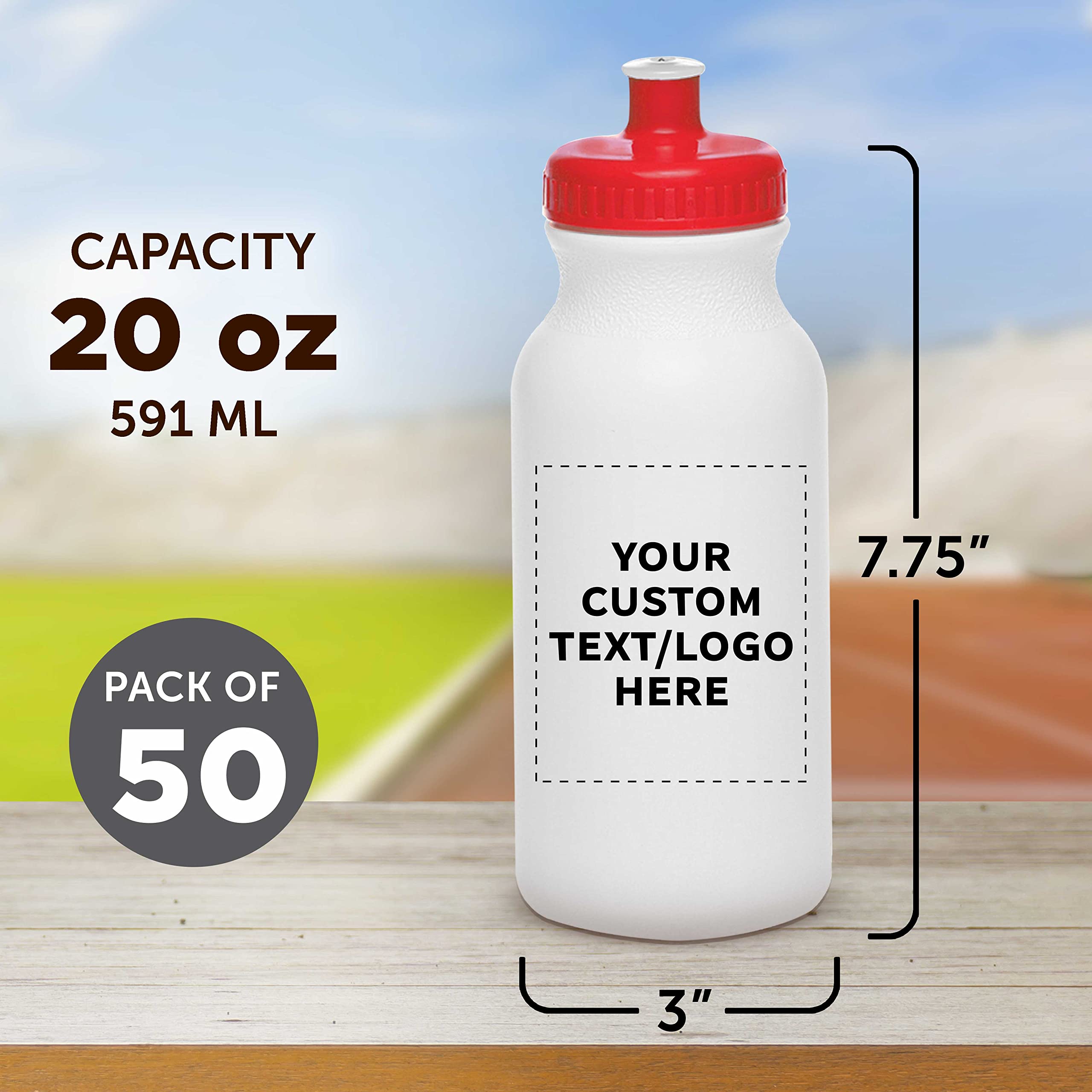 Custom White Water Bottles with Push Cap - 50 Pack | Personalized Text & Logo | 20 oz BPA-Free Reusable Squeezable Bottles in Bulk (White/Red) - Perfect for Corporate Gifts, Sports Teams, and Promotional Events
