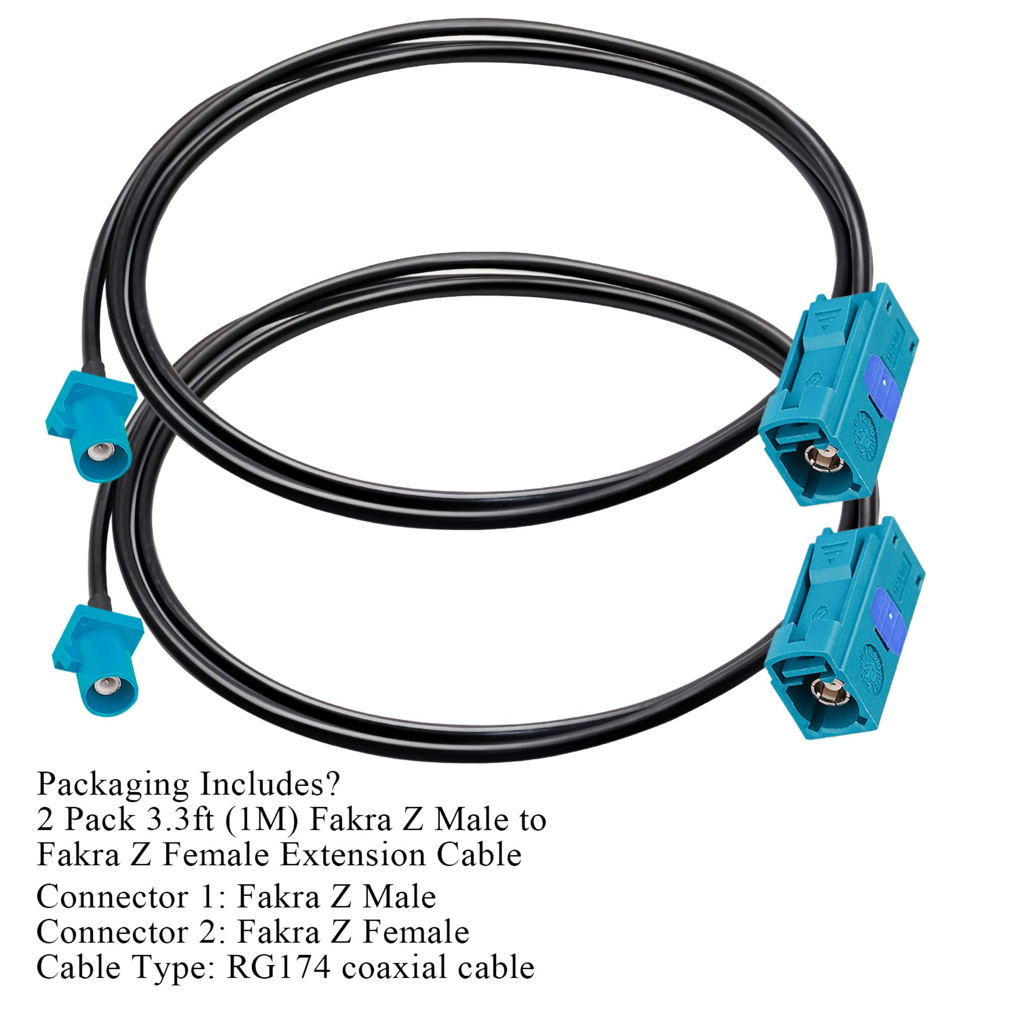TUOLNK Fakra Z Cable - 3.3ft (1M) RG174 Coaxial Extension Cable with Fakra Z Female to Male Connector - 2 Pack for GPS, FM/AM Radio, Sirius XM Satellite Antenna - Perfect for Car Audio & Navigation Systems