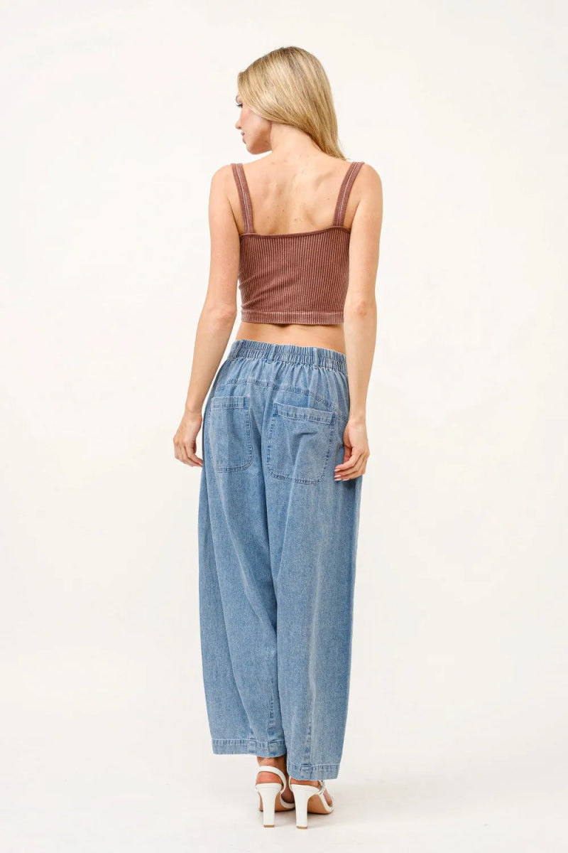 **Women's Elastic Back Pleated Baggy Jeans - Comfortable High Waist Loose Fit Denim Pants for Casual Wear & Street Style**