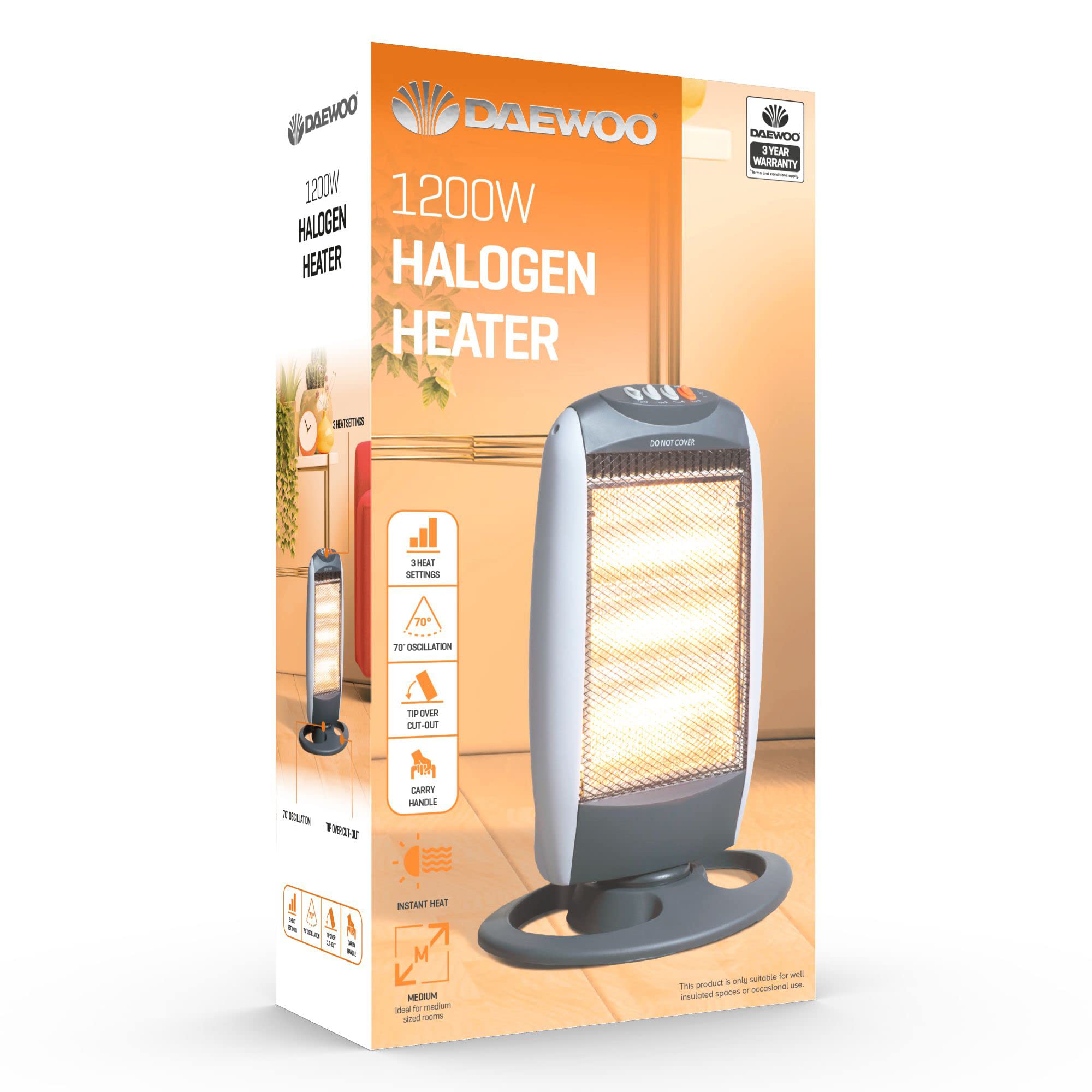 Daewoo Oscillating Halogen Heater - 3 Adjustable Heat Settings, Instant Warmth, Tip-Over Protection | Perfect for Home, Office & Winter Use