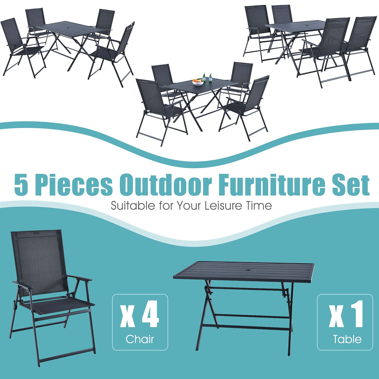 Tangkula 5-Piece Patio Dining Set - No Assembly Required Outdoor Furniture with 4 Armchairs & 1 Table, Folding Chair Set with 1.5