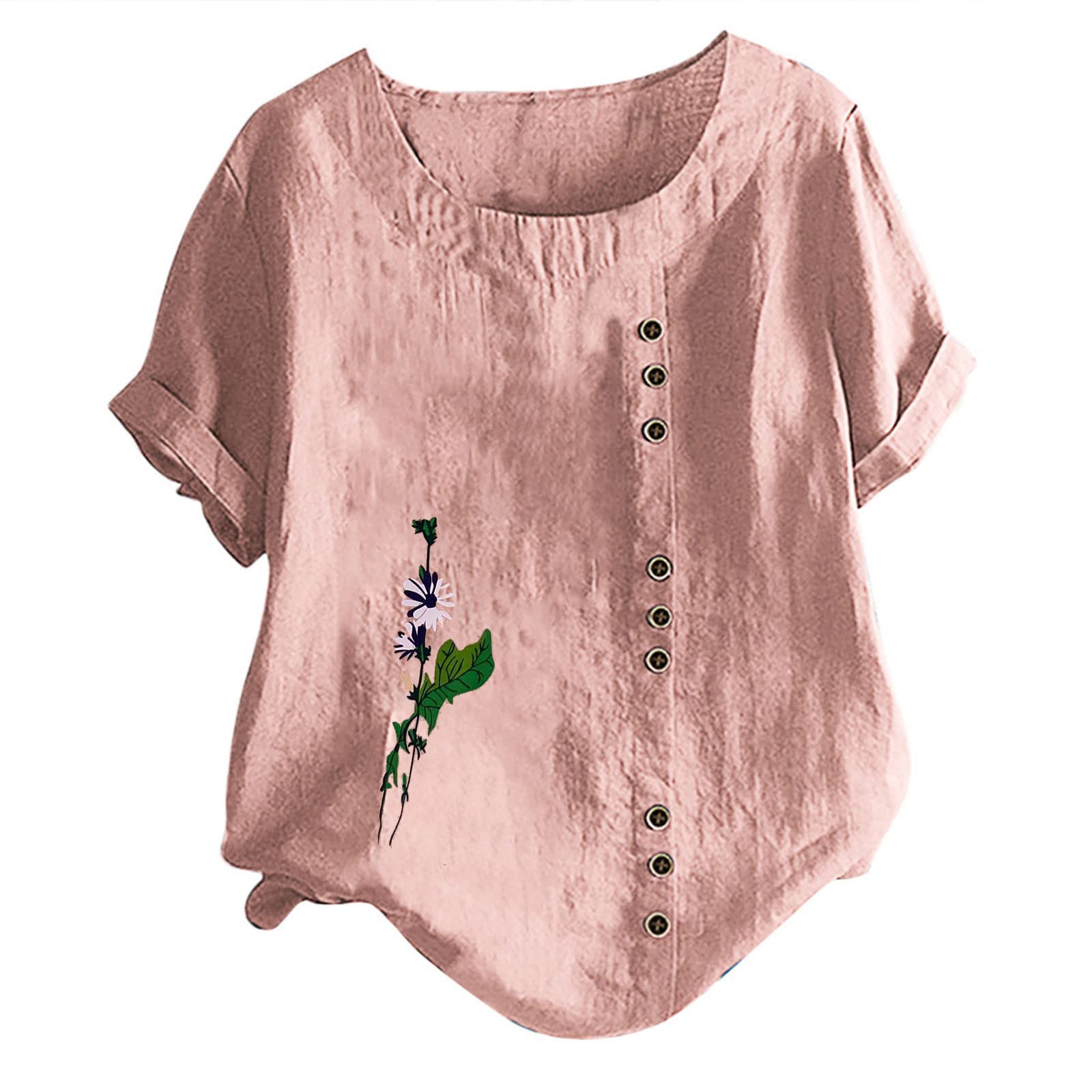 Women's Summer Floral Print Cotton Linen Short Sleeve T-Shirt - Loose Fit Casual Crew Neck Blouse for Plus Size - Perfect for Beach Outings, Picnics & Everyday Wear