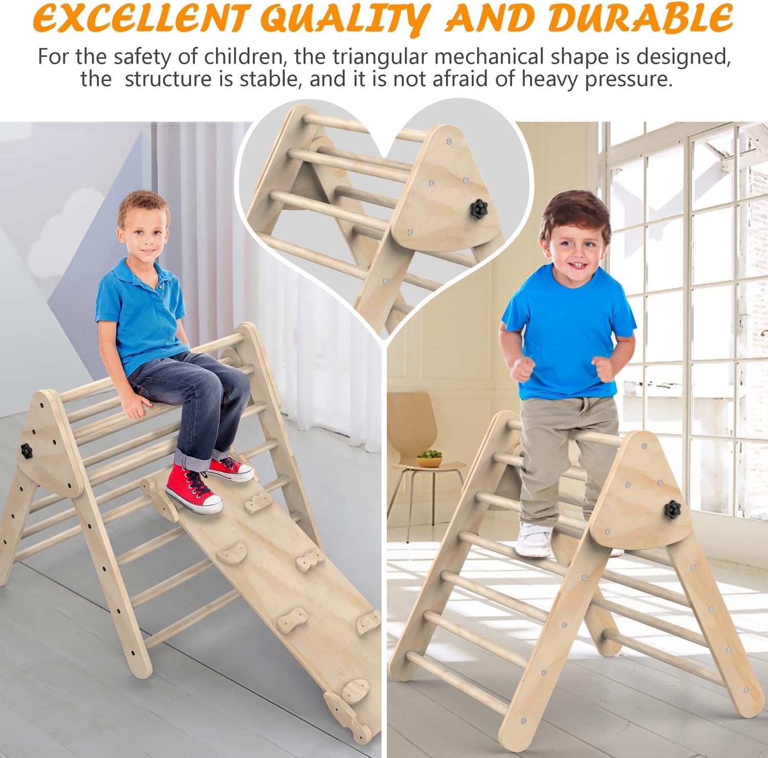Foldable Wooden Climbing Triangle Ladder with Slide Ramp - 3-Piece Montessori Play Gym Set for Toddlers | Indoor/Outdoor Climbing Toys for Kids | Safe & Sturdy Playground Equipment for Home, Backyard, Daycare & Preschool