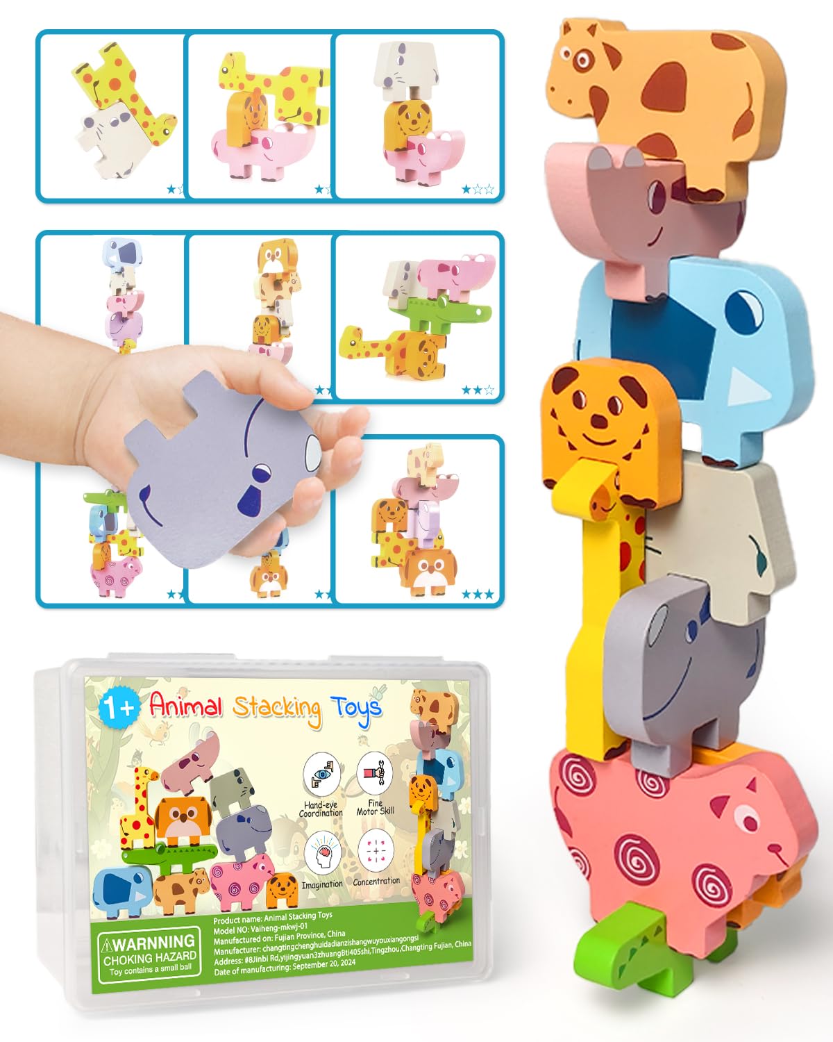 Montessori Wooden Animal Stacking Blocks - Educational Puzzle Toys for Toddlers 1-3 Years Old | Learning Toys for Boys & Girls Age 1-4 | Perfect Gift for 1st 2nd 3rd Birthday | Develop Fine Motor Skills & Early Learning | Great for Daycare, Preschool & Home Playtime