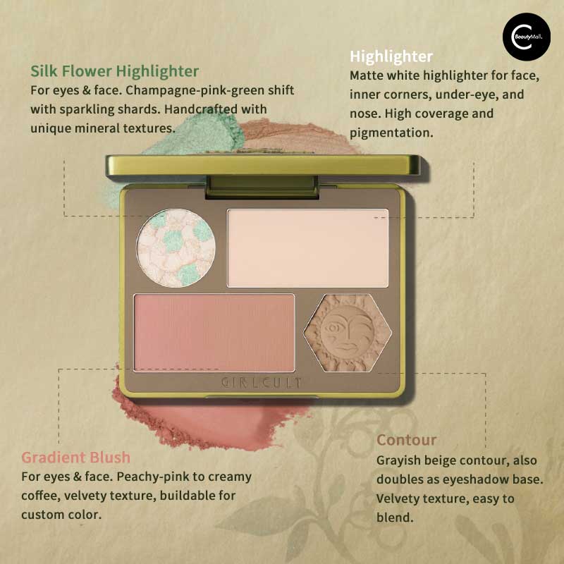 GIRLCULT Herbal Compendium Series All-in-One Face Palette - Contour, Blush & Highlighter for Natural Everyday Makeup Looks