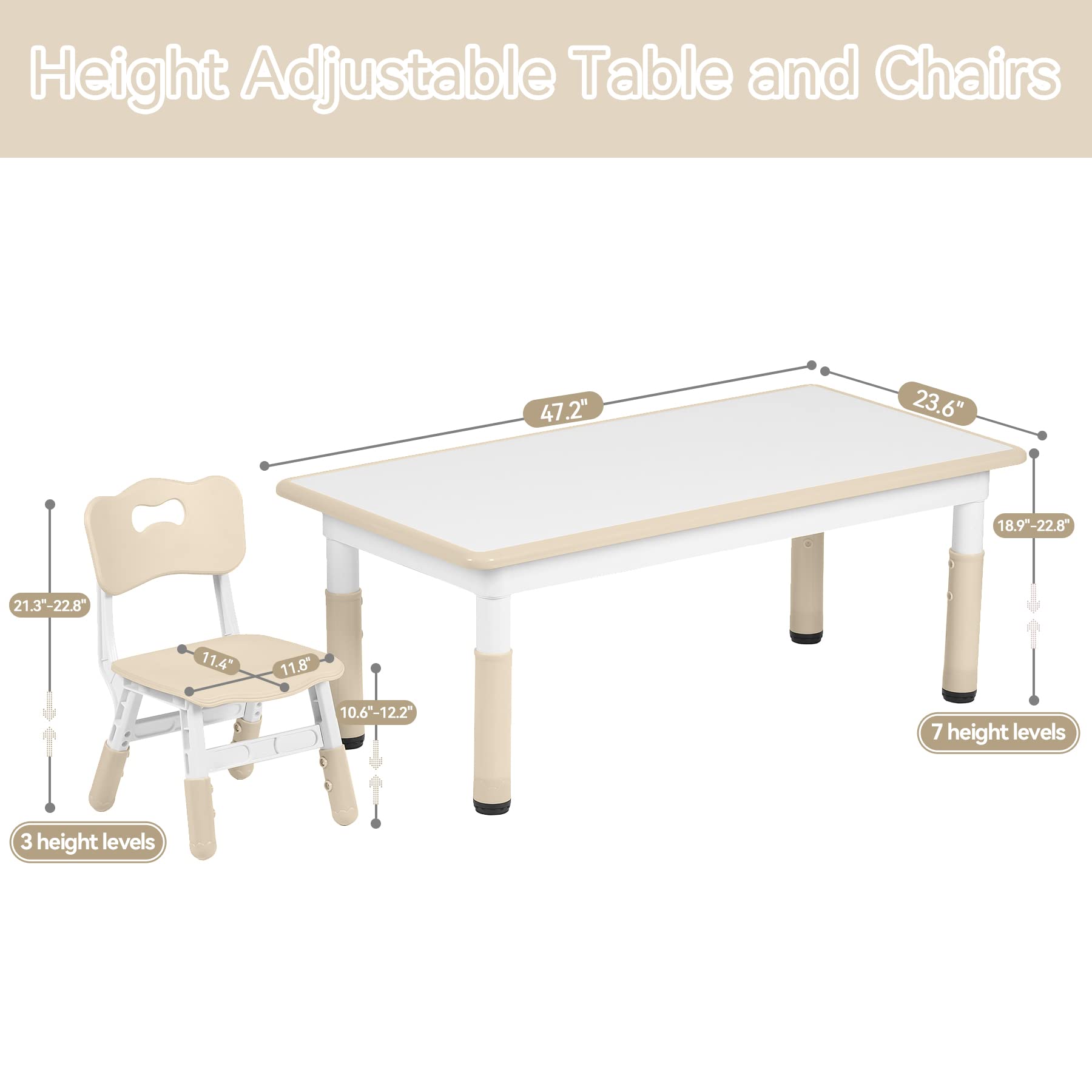 Kids Table and 4 Chairs Set - Adjustable Height Toddler Furniture for Ages 3-8 | Study Desk, Dining Table & Art Station with Graffiti Desktop | Perfect for Learning, Eating & Creative Play | Gift for Boys & Girls (Burlywood)