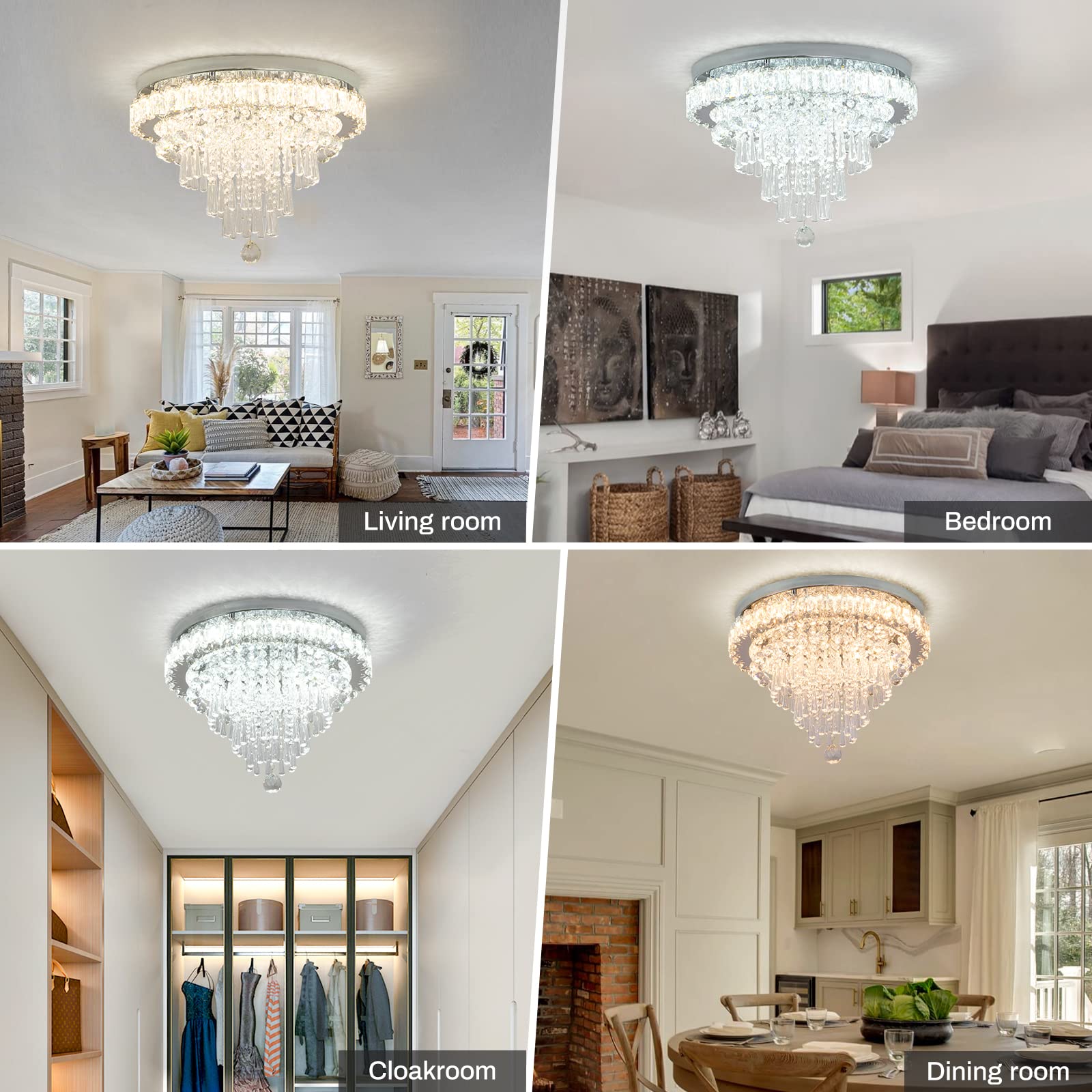 CLAIRDAI Modern Crystal Chandelier - Dimmable LED Flush Mount Ceiling Light with Remote Control & 5-Tier Crystal Drops | Perfect for Hallway, Bedroom, Dining Room, Living Room | Elegant Lighting for Home Decor & Special Occasions