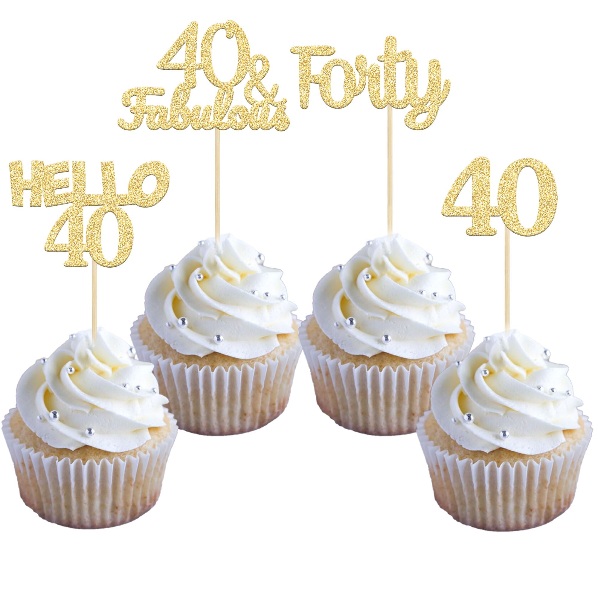 24Pcs Gold Glitter 40th Birthday Cupcake Toppers - Hello 40 Forty Cake Decorations & Fabulous Cupcake Picks for 40th Birthday Party Supplies | Perfect for Anniversary Celebrations, Milestone Birthdays, and Festive Dessert Decorations