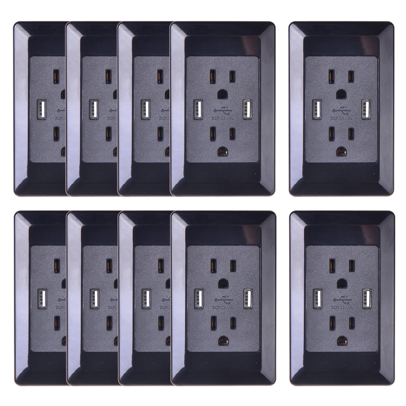 SuperInk 10-Pack AC Power Outlet with Dual USB Charger - 15A/2A Fast Charging, ETL Certified Wall Socket Adapter (Black) - Perfect for Home, Office, and Hotel Use