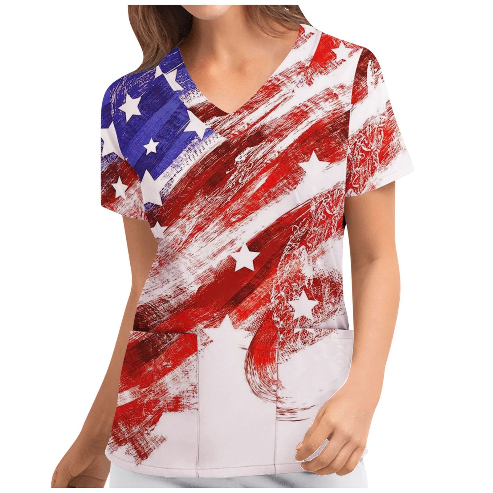 Women's Fashion V-Neck Short Sleeve T-Shirts - Printed Pocket Blouse & Tunic Tops for Work Uniforms | Office Wear, Casual Outfits & Everyday Comfort
