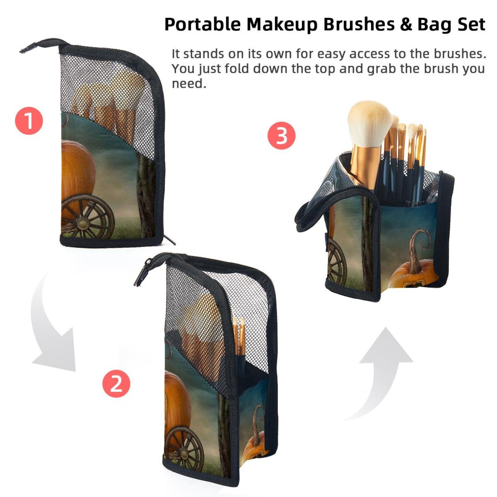 12-Piece Makeup Brush Organizer Bag with Pumpkin & Castle Design - Portable Cosmetic Brush Holder Case for Travel, Home & Professional Makeup Artists