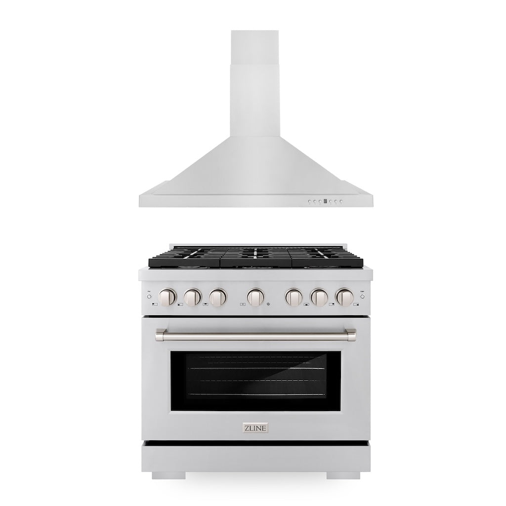 ZLINE 36 Inch Professional Kitchen Package - Stainless Steel Gas Range & Convertible Range Hood Combo (2KP SGRRH36) | Perfect for Home Chefs & Modern Kitchens