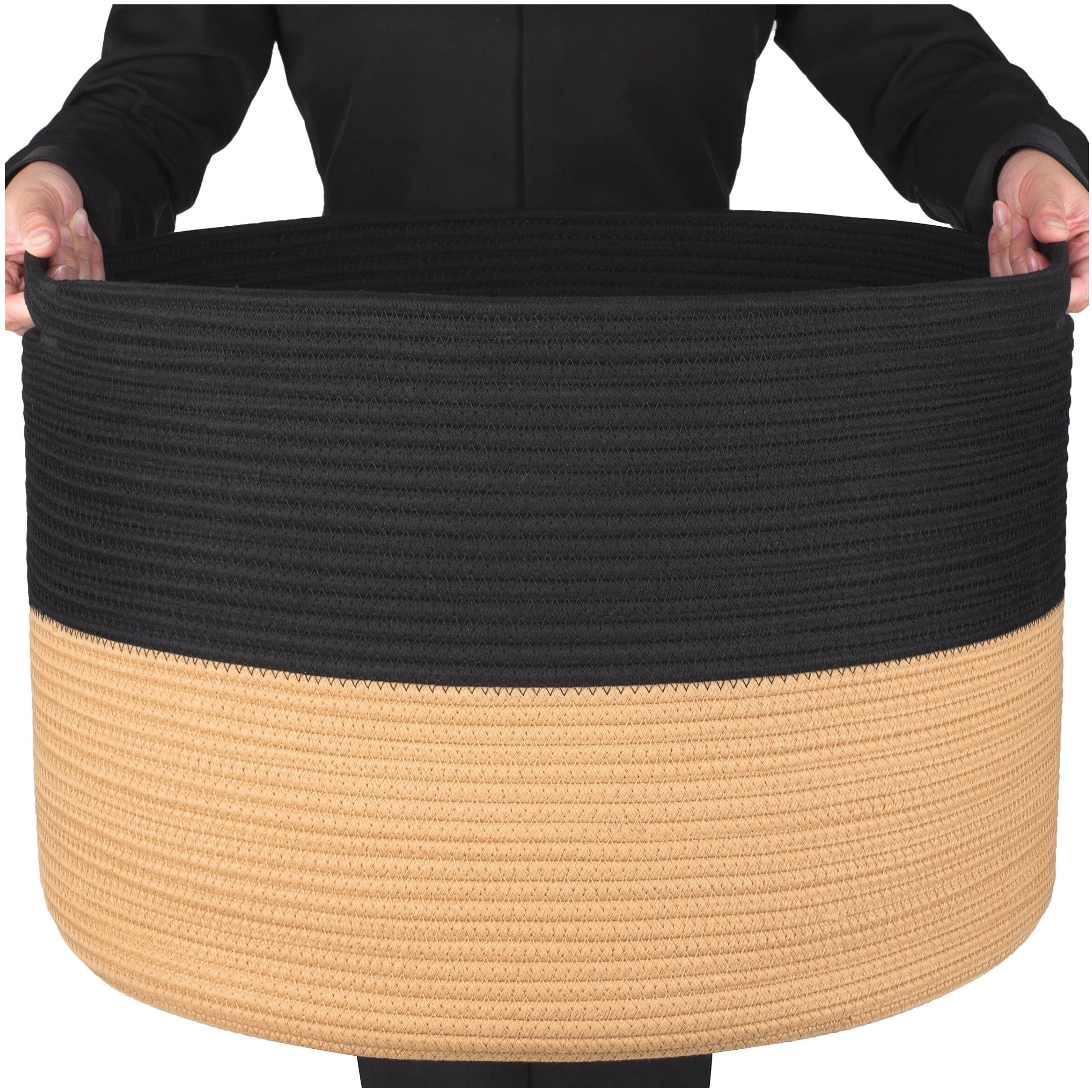MINTWOOD Extra Large 22x14 Inch Woven Cotton Rope Storage Basket - Blanket Organizer, Laundry Hamper, Toy Bin for Living Room & Nursery - Black & Brown Home Decor (Perfect for Cozy Blanket Storage & Kids' Toy Organization)