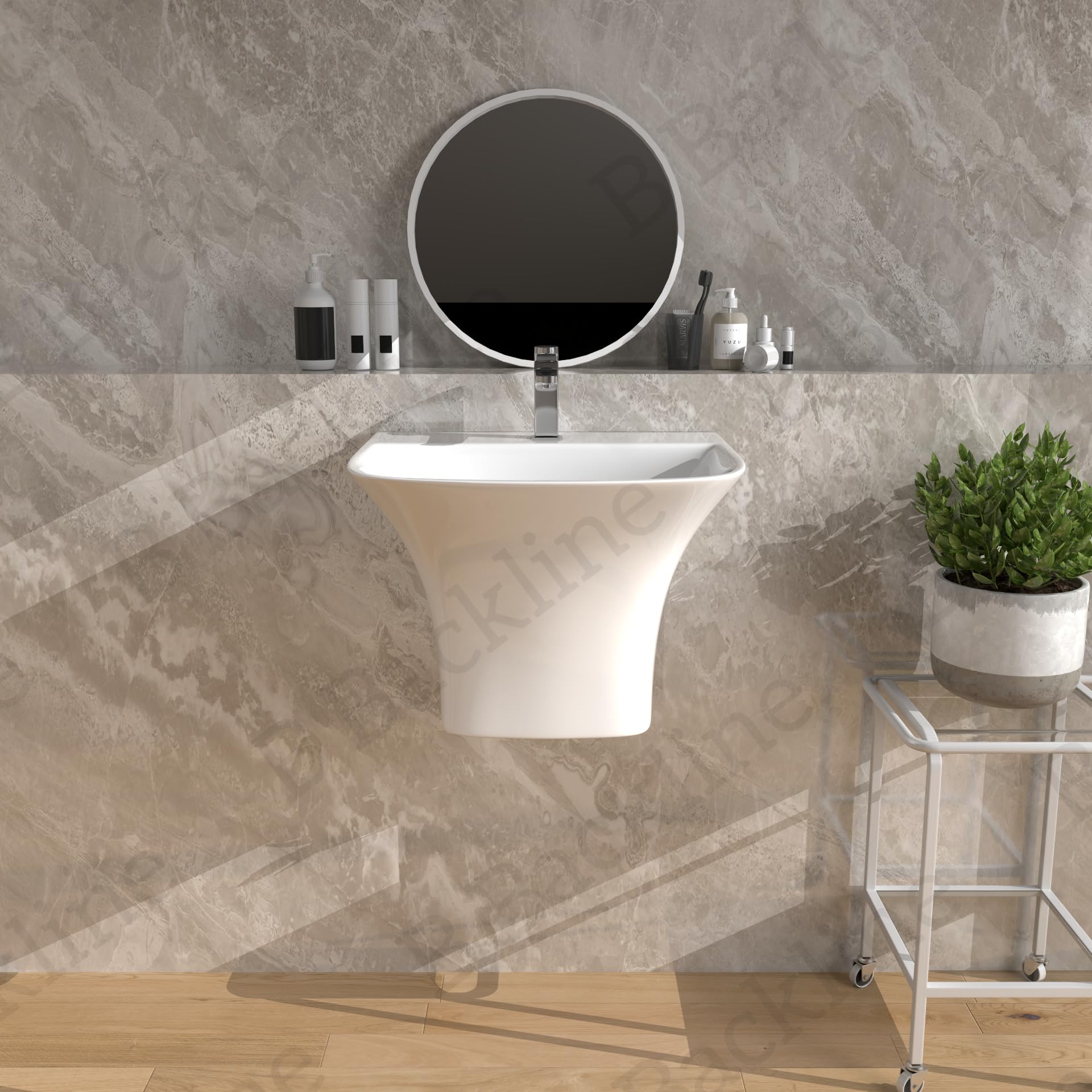 B BACKLINE 19 x 17 x 13 Inch White Ceramic Wall Mount Vessel Sink - Modern Half Pedestal Bathroom Basin for Vanity, Powder Room & Guest Bath - Easy to Clean Wall Hung Wash Basin for Contemporary Homes