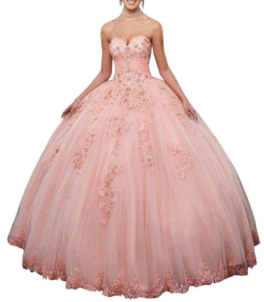 Emmani Sweetheart Quinceanera Dresses for Women - Lace Applique Princess Prom Gown in Peach | Formal Evening Gowns for Quinceañera, Homecoming, Prom, Wedding & Special Occasions
