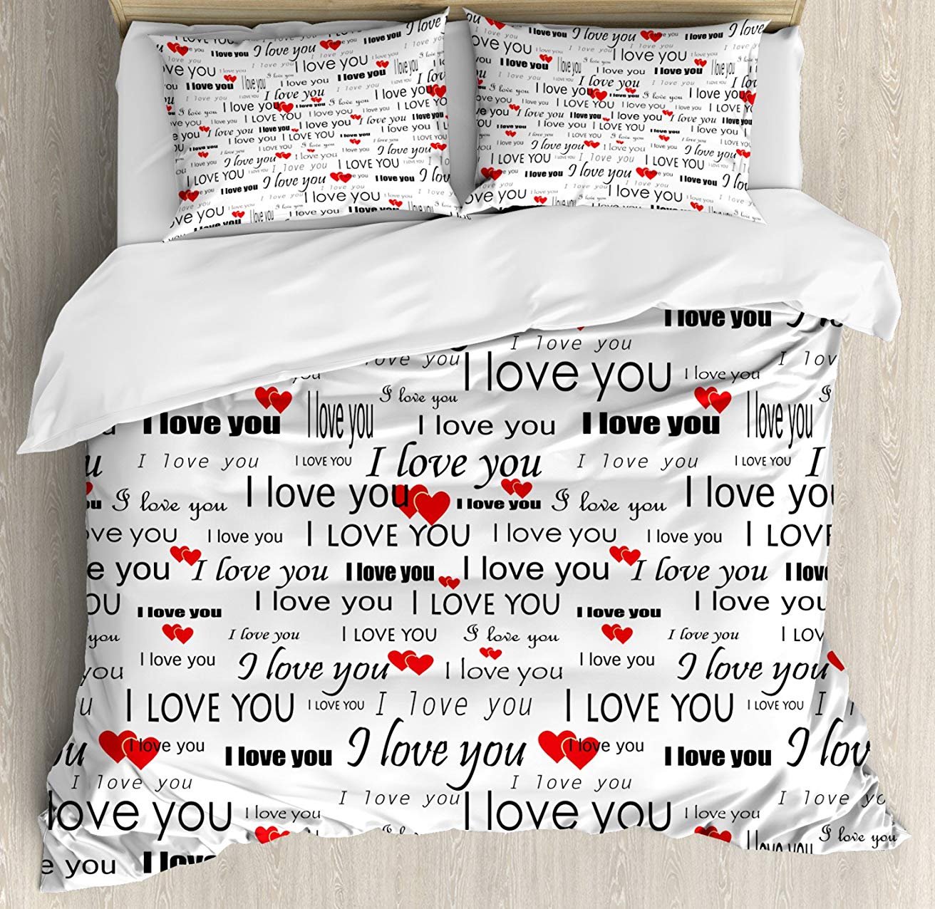 Romantic 3-Piece Twin Bedding Set - I Love You Quote with Hearts Duvet Cover & 2 Pillowcases for Kids, Teens, Adults | Soft Comforter for Couples Bedroom, Valentine's Gift, Cozy Home Decor