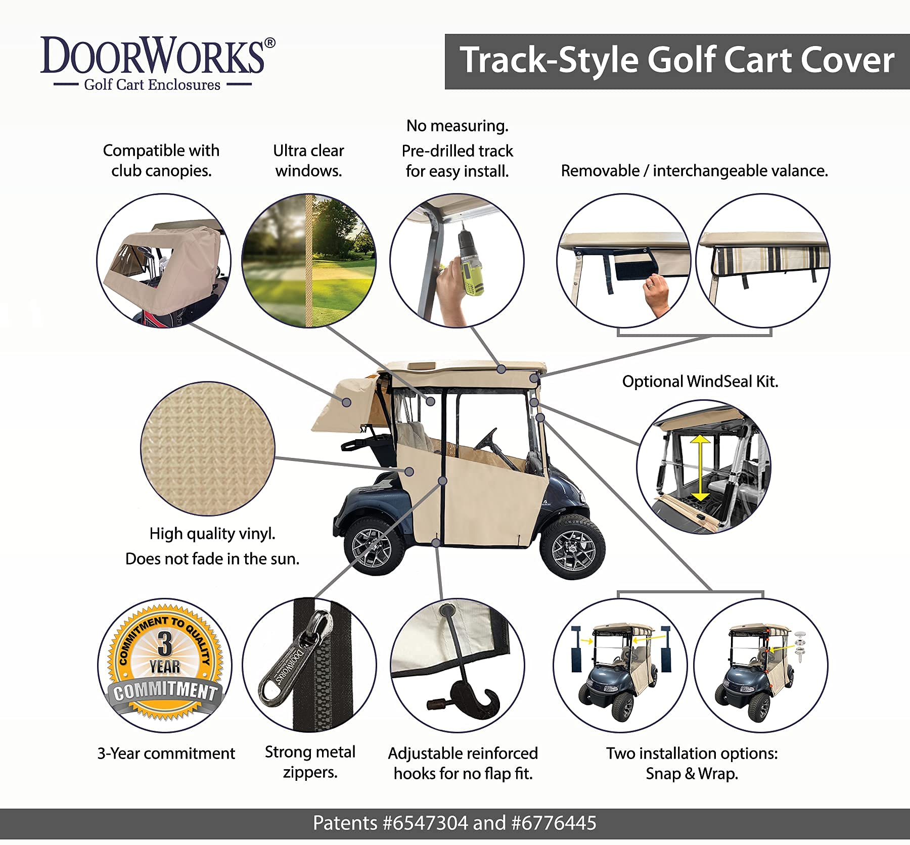 Premium Golf Cart Cover for EZGO RXV - 3-Sided Track Style Waterproof Cover Made of Marine Grade Vinyl - Fits Golf Bags, Utility Box & Rear Seats - Perfect for Outdoor Storage & Course Protection