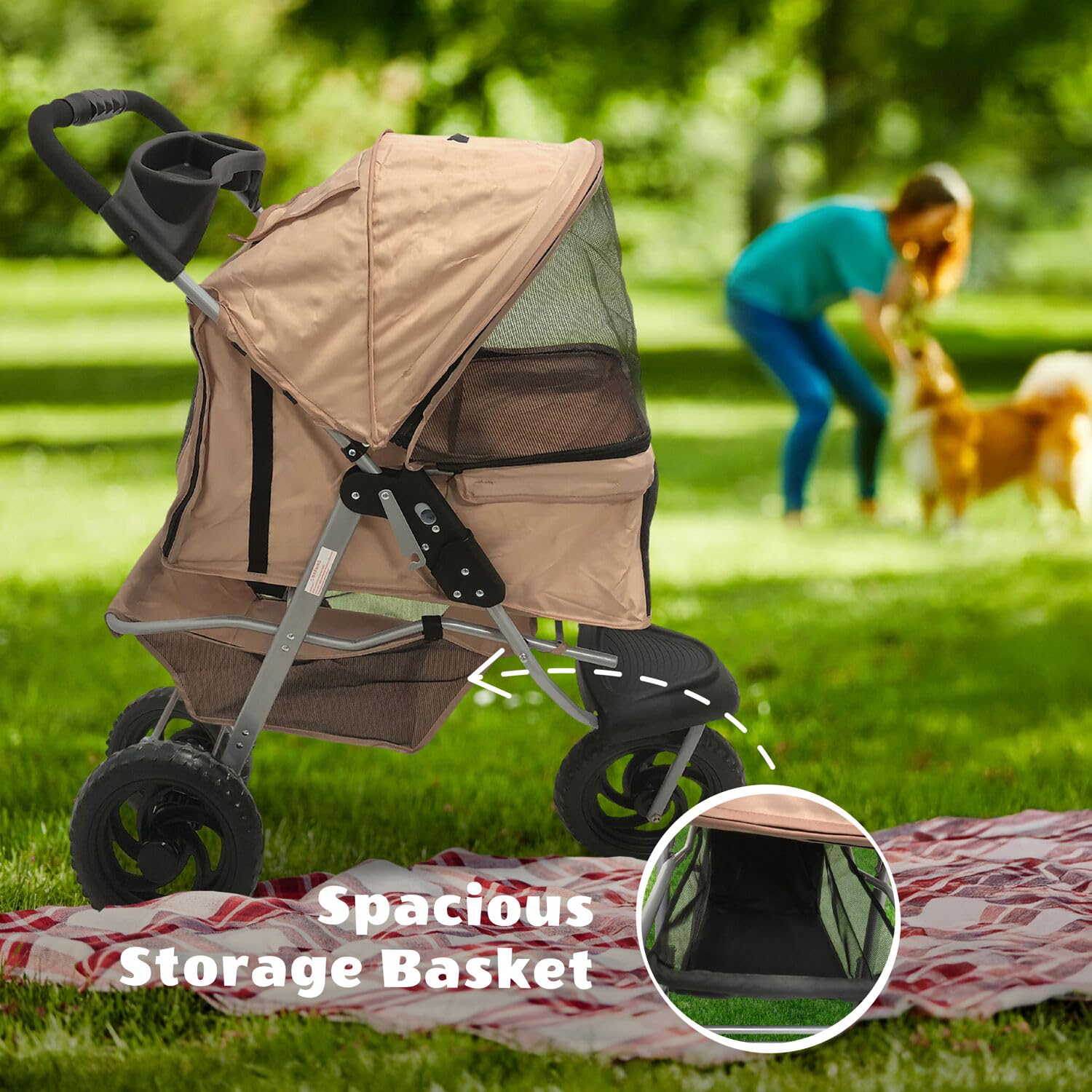 Critter Sitters 3-Wheel Jogging Dog Stroller with Storage Basket & Cup Holders - Modern Pet Stroller for Medium/Large Dogs up to 55lbs - Lightweight Puppy Stroller for Daily Walks, Park Visits & Outdoor Adventures (Tan)