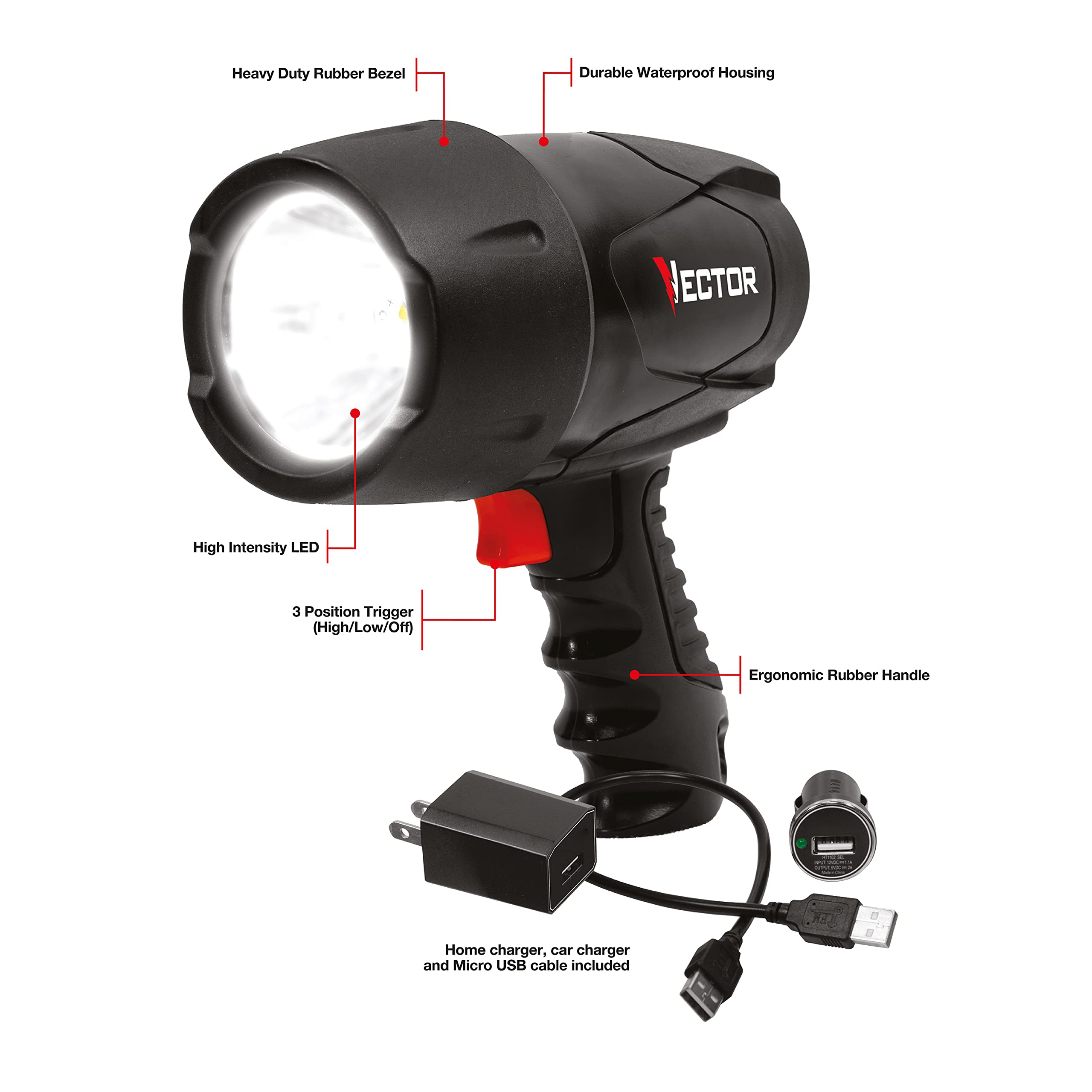 VECTOR FLW10V Rechargeable LED Flashlight - 600 Lumens Waterproof Spotlight with 120V AC & 12V DC Chargers - Perfect for Camping, Hiking, Emergency Kits & Outdoor Adventures