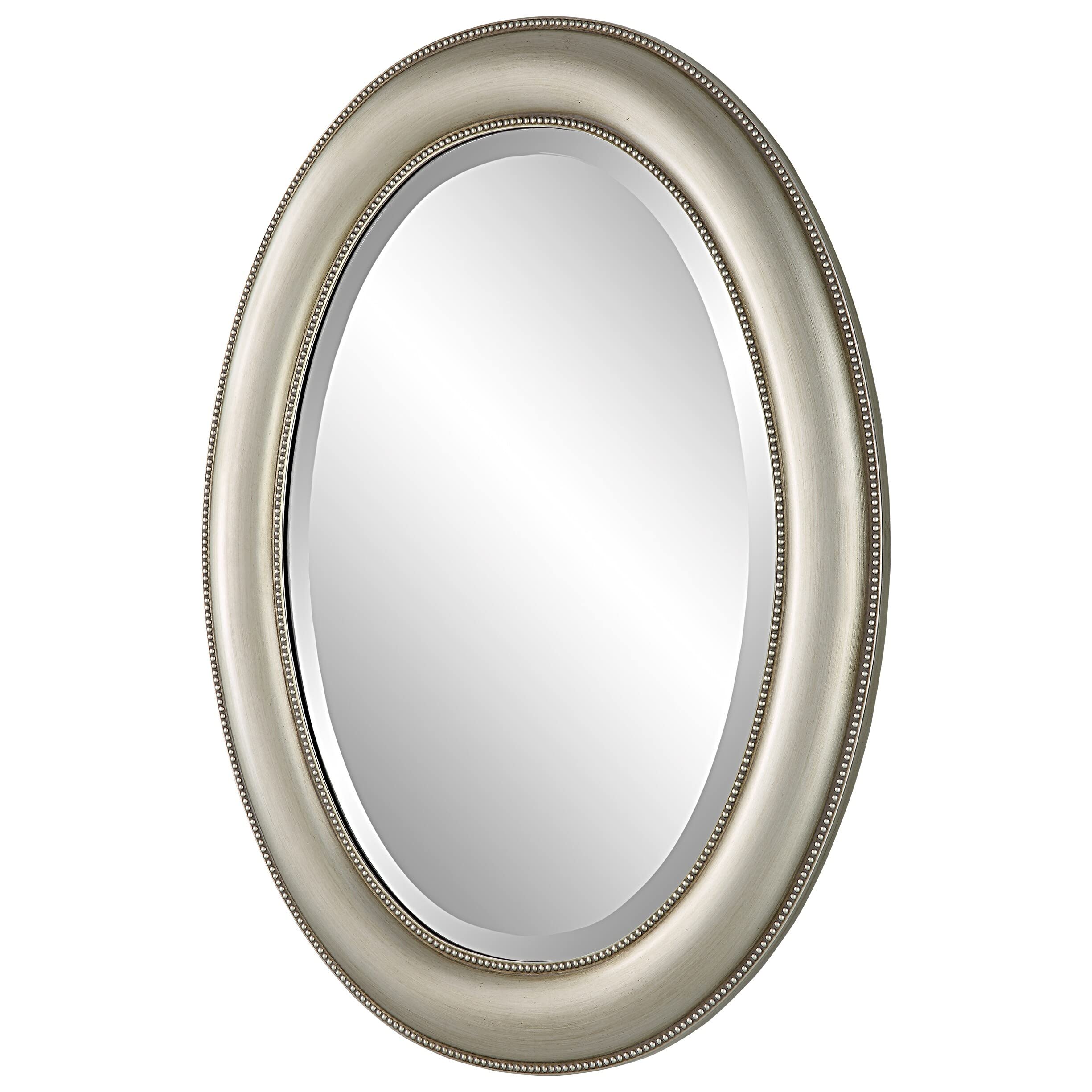 29 Inch Wood Wall Mirror Beaded Oval Frame - Metallic Silver Modern Contemporary Decor for Living Room, Bedroom & Entryway
