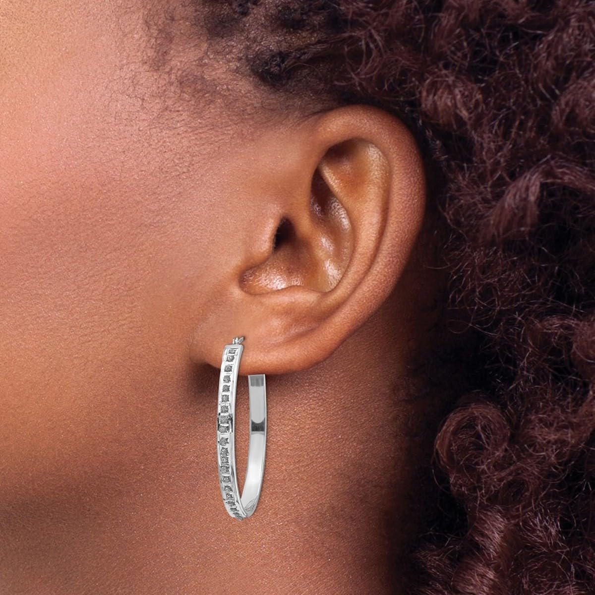 14K White Gold Polished Diamond Oval Hinged Hoop Earrings for Women - 37x4mm Wide, Elegant Everyday Jewelry for Work, Parties & Special Occasions