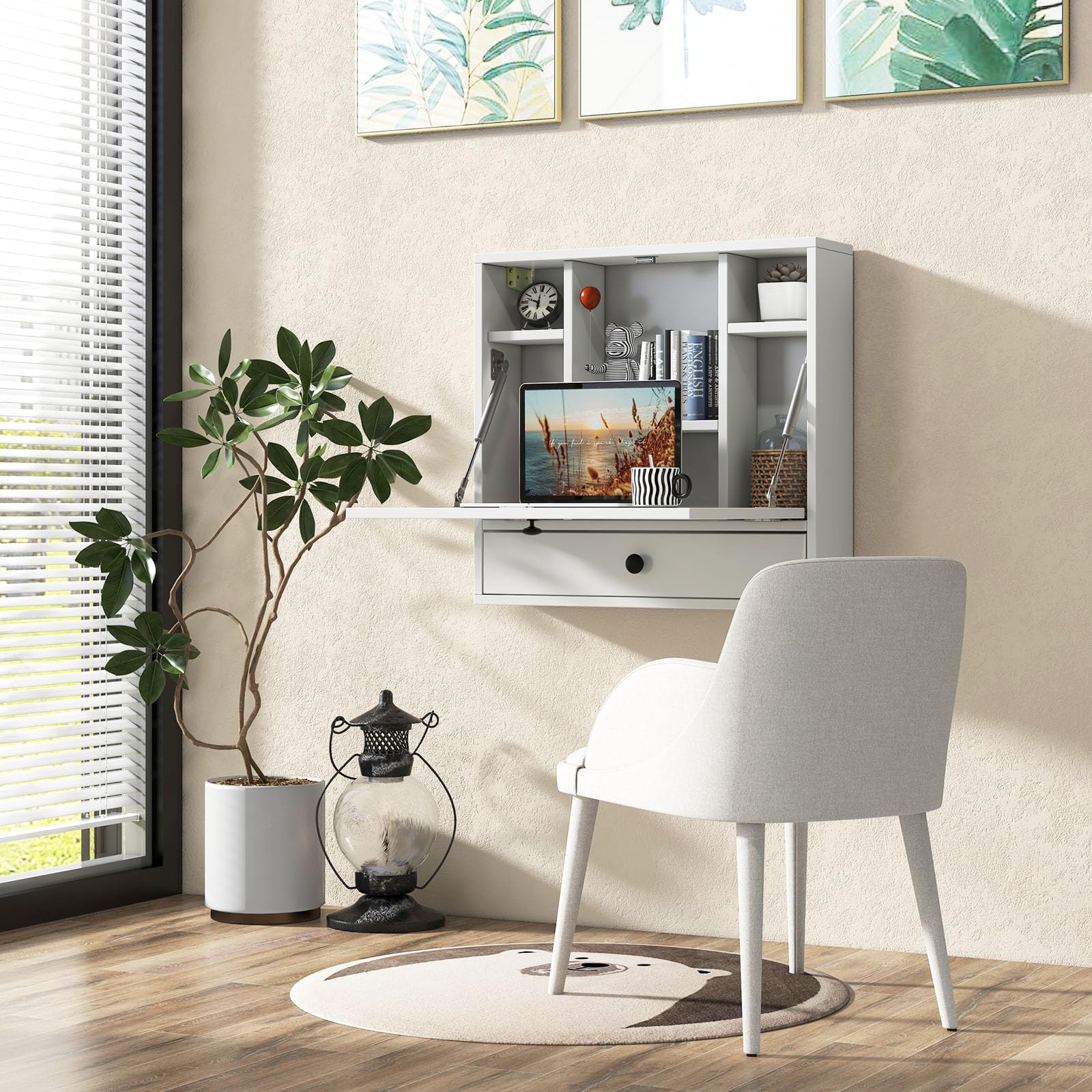Tangkula Folding Wall Table - Space Saving Floating Desk with Storage Drawer & Shelves, White - Perfect for Small Apartments, Home Offices & Dorm Rooms