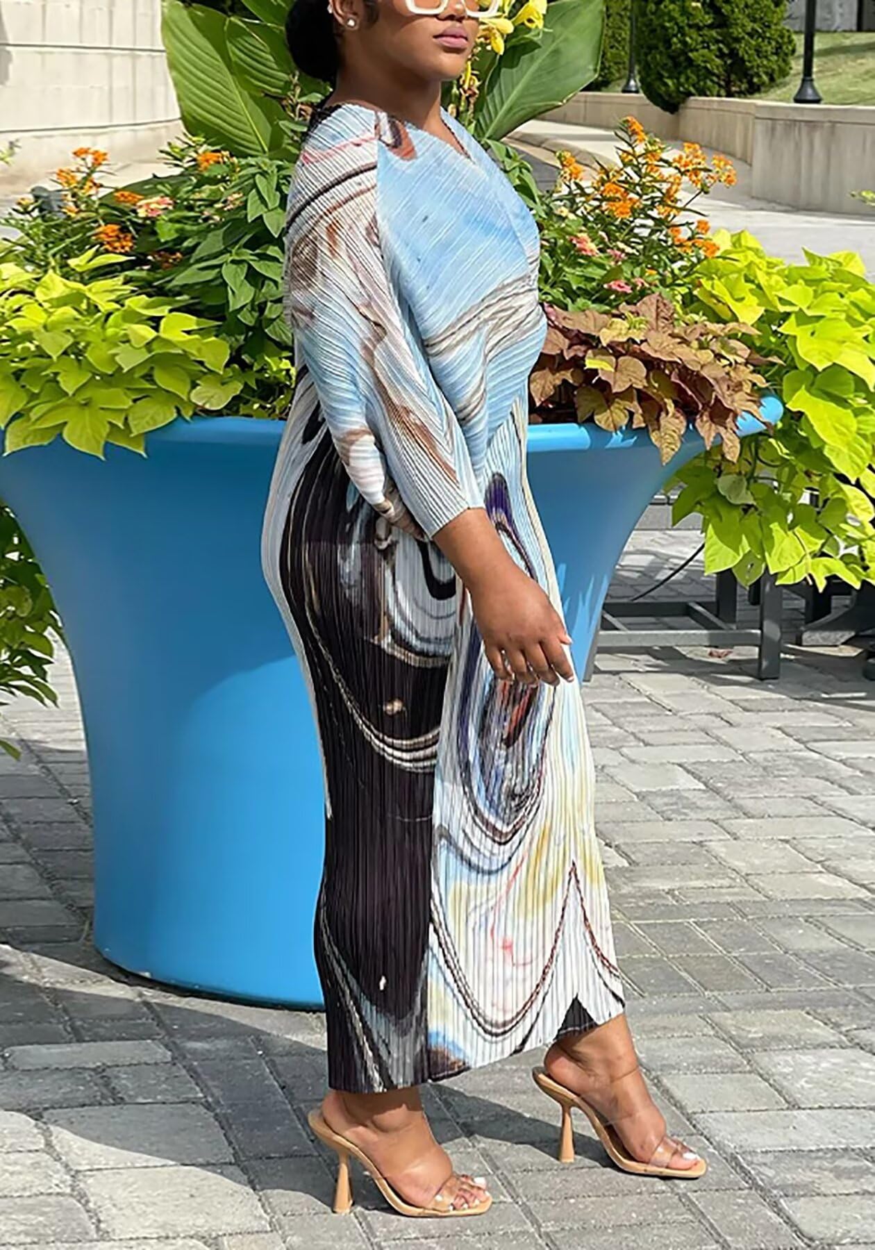 Sexy African Print Midi Dress for Women - V Neck Floral Pleated Summer Dress Plus Size 6-24, Perfect for Beach Vacation, Date Night & Cultural Events
