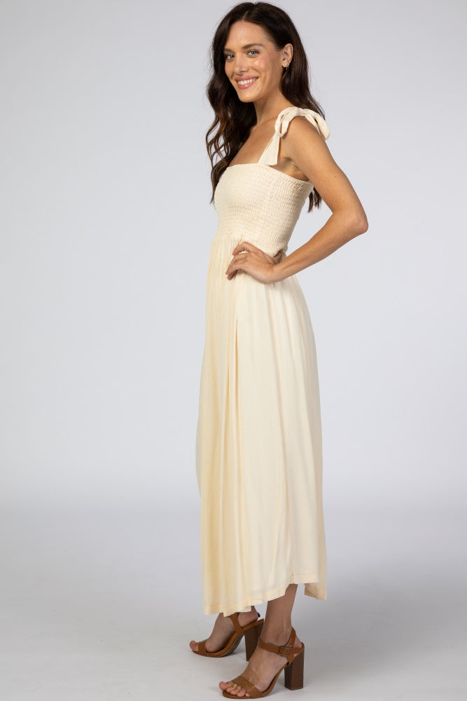 Beige Smocked Tie Strap Midi Dress - Flowy Summer Dress for Women, Boho Chic Smocked Waist Dress with Adjustable Ties | Perfect for Beach, Vacation & Date Night Outfits
