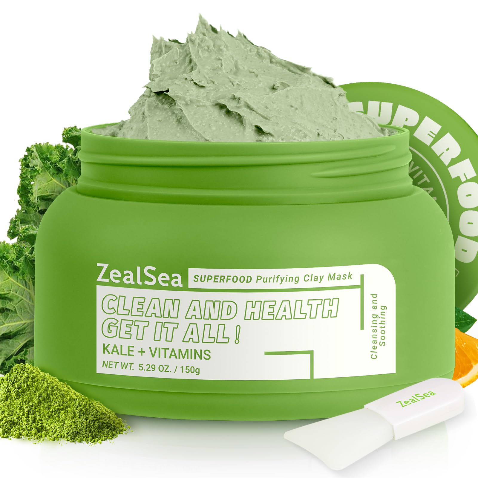ZealSea Superfood Purifying Clay Mask with Kale & Vitamin C/E - Anti-Acne, Pore Tightening, Brightening Facial Mask for Detox & Nourishment (150g) - Perfect for Spa Nights & Self-Care Routines