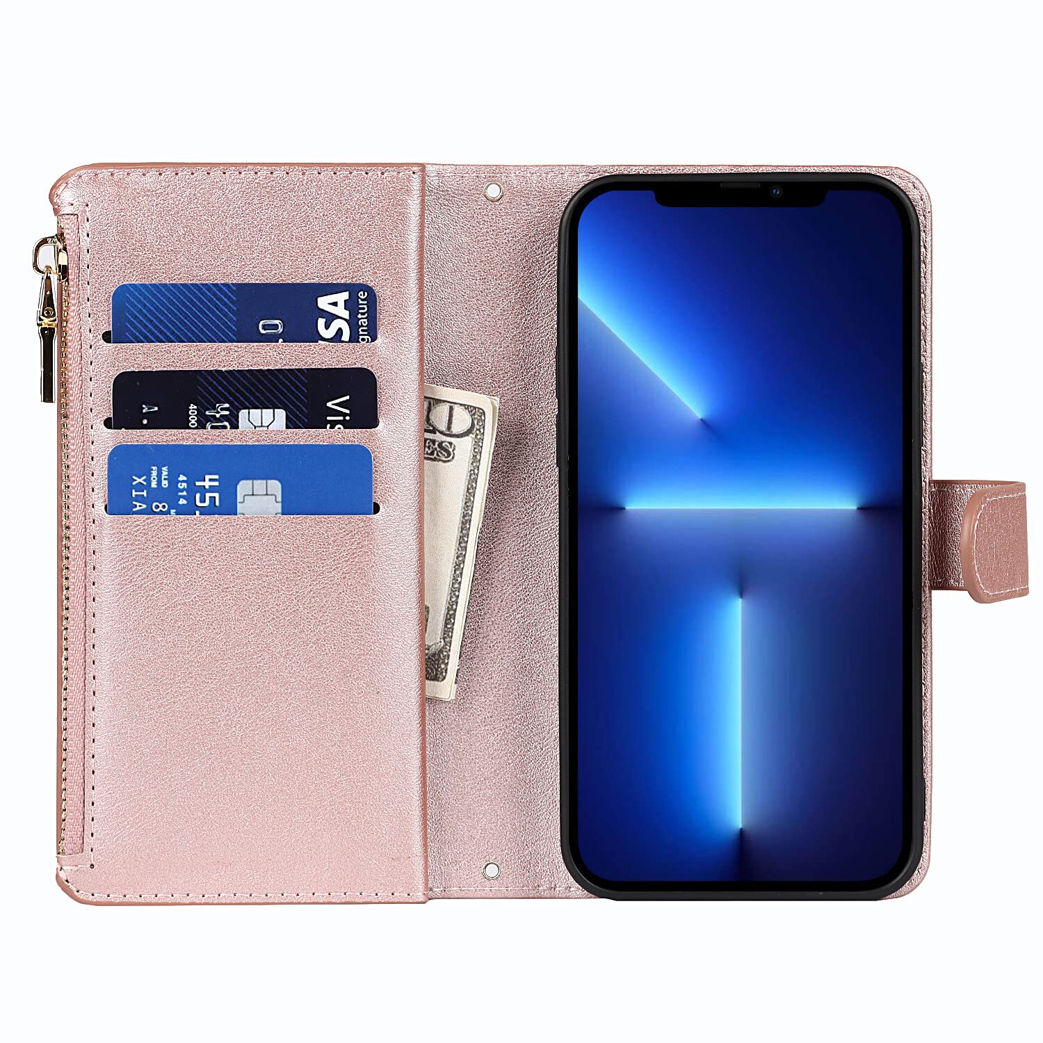 Premium Leather Wallet Case for iPhone 13 Pro - Magnetic Card Holder with Crossbody Strap & Stand Function | Rose Gold Protective Cover for Women & Men | Perfect for Travel, Shopping & Daily Use