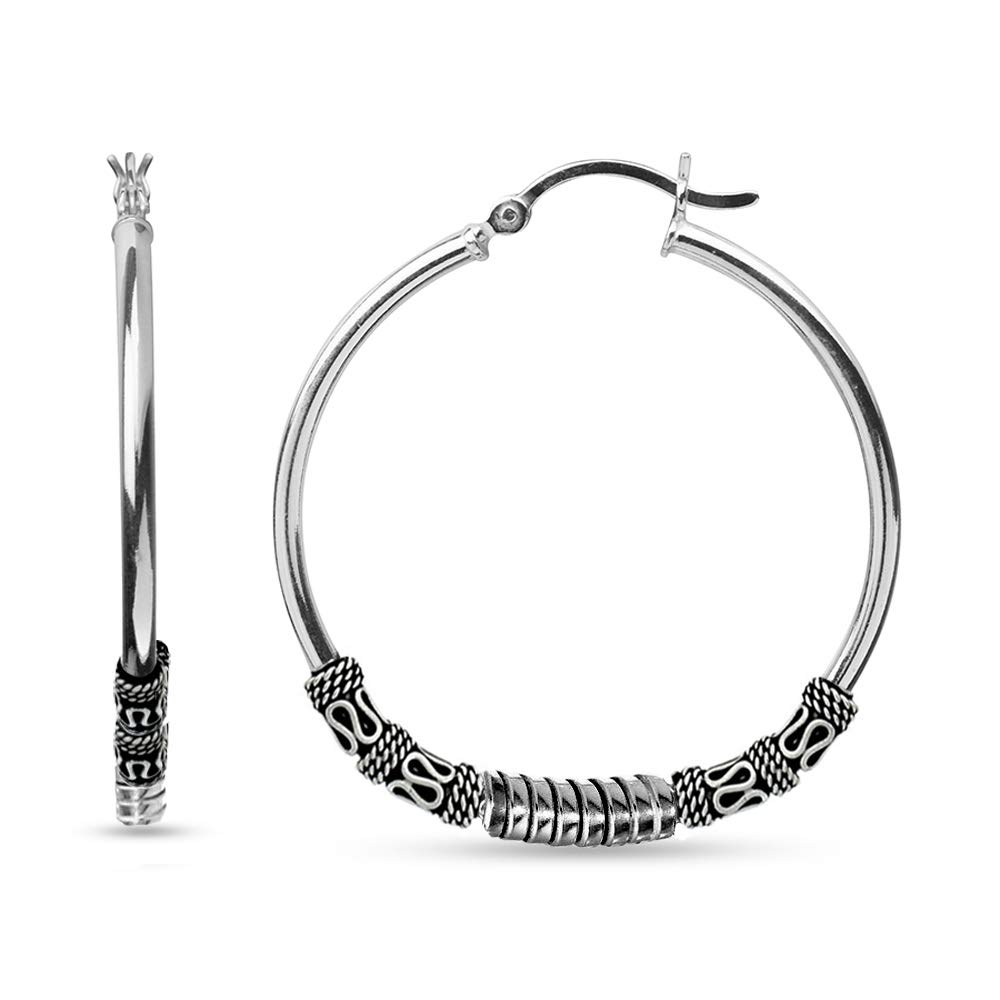 LeCalla 925 Sterling Silver Large Hoop Earrings for Women | Lightweight Antique Bali Hoops | Two-Tone Bohemian Oxidized Balinese Dangle Earrings | Perfect for Boho Chic, Festival, Wedding & Everyday Wear