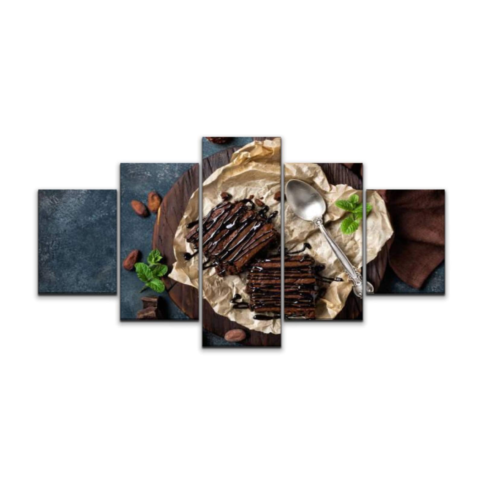 5 Panels Chocolate Brownie Cake Dessert Canvas Wall Art with Nuts - Stretched & Framed Painting for Living Room Bedroom Decor - Perfect for Dining Areas, Kitchens, and Sweet Treat Lovers