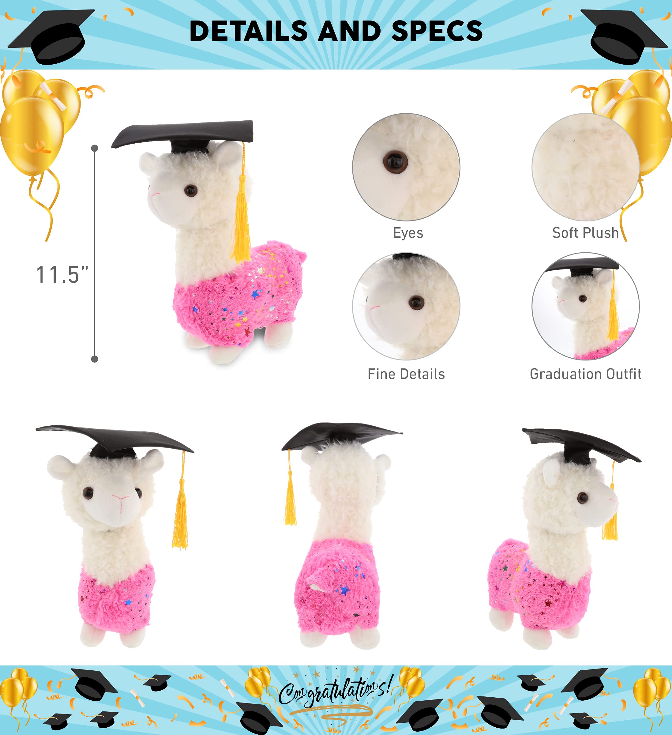 DolliBu Sparkle Pink Llama Graduation Stuffed Animal - Personalized Graduation Gift with Cap & Tassel Outfit - 11.5