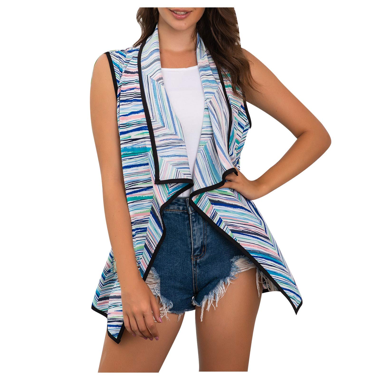 Stylish Women's Sleeveless Striped Cardigan Vest - Casual Lapel Coat with Animal Print - Perfect for Spring/Summer Layering, Office Wear & Date Night Outfits