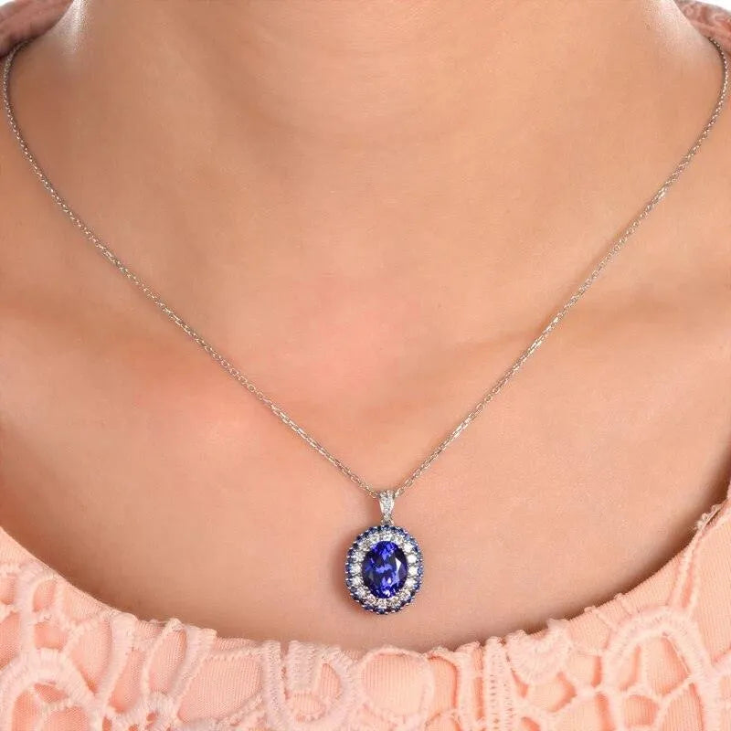 18K White Gold Oval Tanzanite & Diamond Pendant - 8x10mm 3.19ct Natural Tanzanite with Sapphire Accents - Perfect for Engagement, Anniversary & Special Occasion Gifts