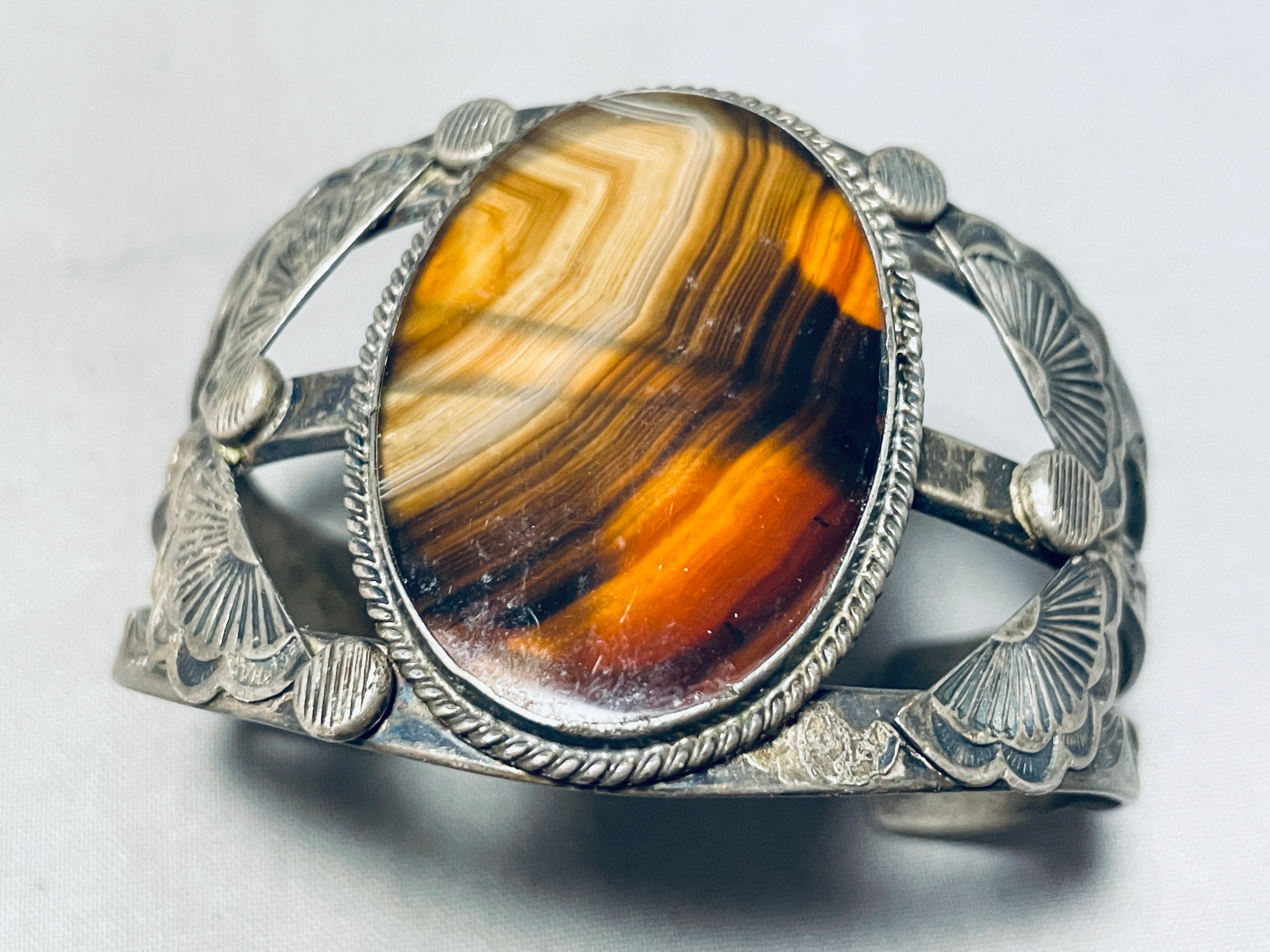 Vintage 1940s Navajo Sterling Silver Bracelet with Petrified Wood - Authentic Native American Jewelry for Collectors & Boho Fashion